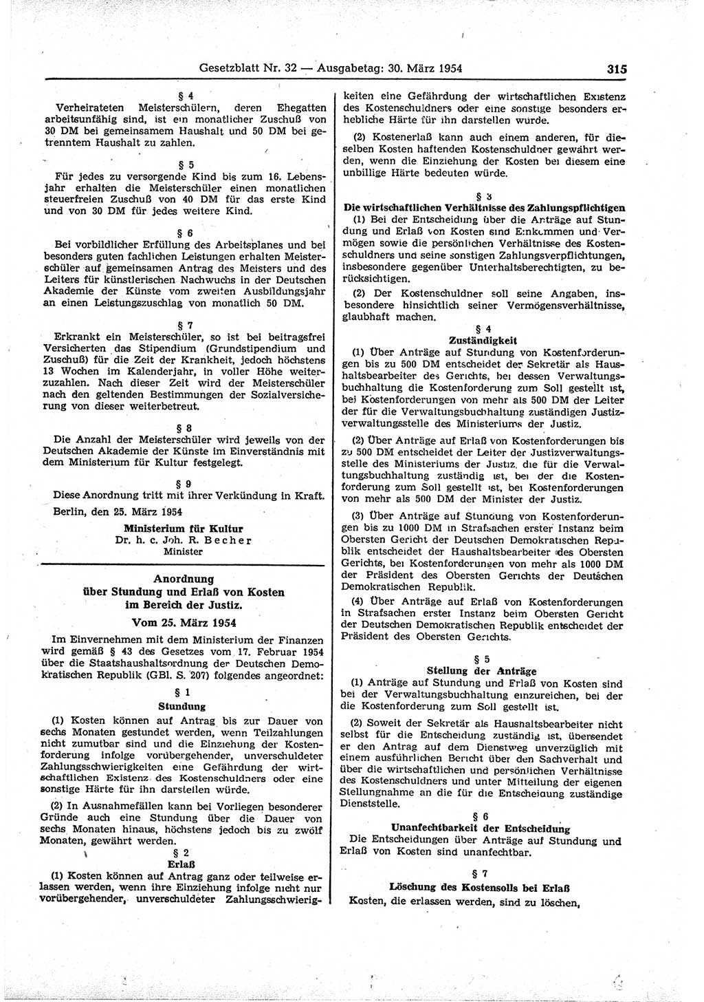 Gesetzblatt (GBl.) der Deutschen Demokratischen Republik (DDR) 1954, Seite 315 (GBl. DDR 1954, S. 315)