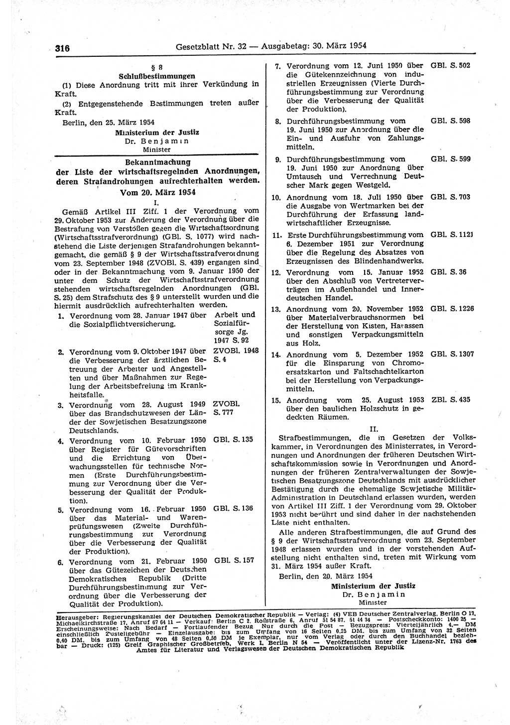 Gesetzblatt (GBl.) der Deutschen Demokratischen Republik (DDR) 1954, Seite 316 (GBl. DDR 1954, S. 316)