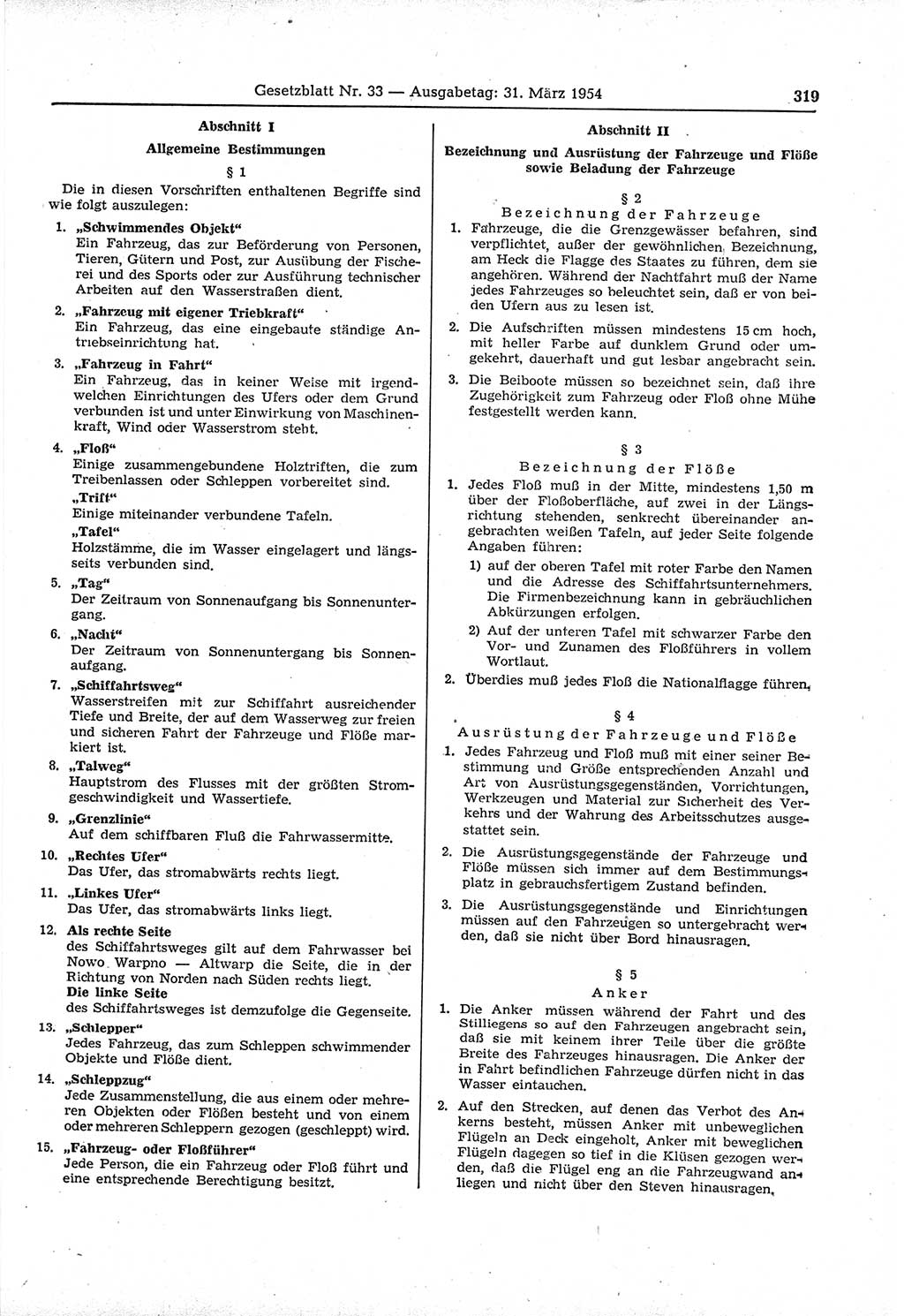 Gesetzblatt (GBl.) der Deutschen Demokratischen Republik (DDR) 1954, Seite 319 (GBl. DDR 1954, S. 319)