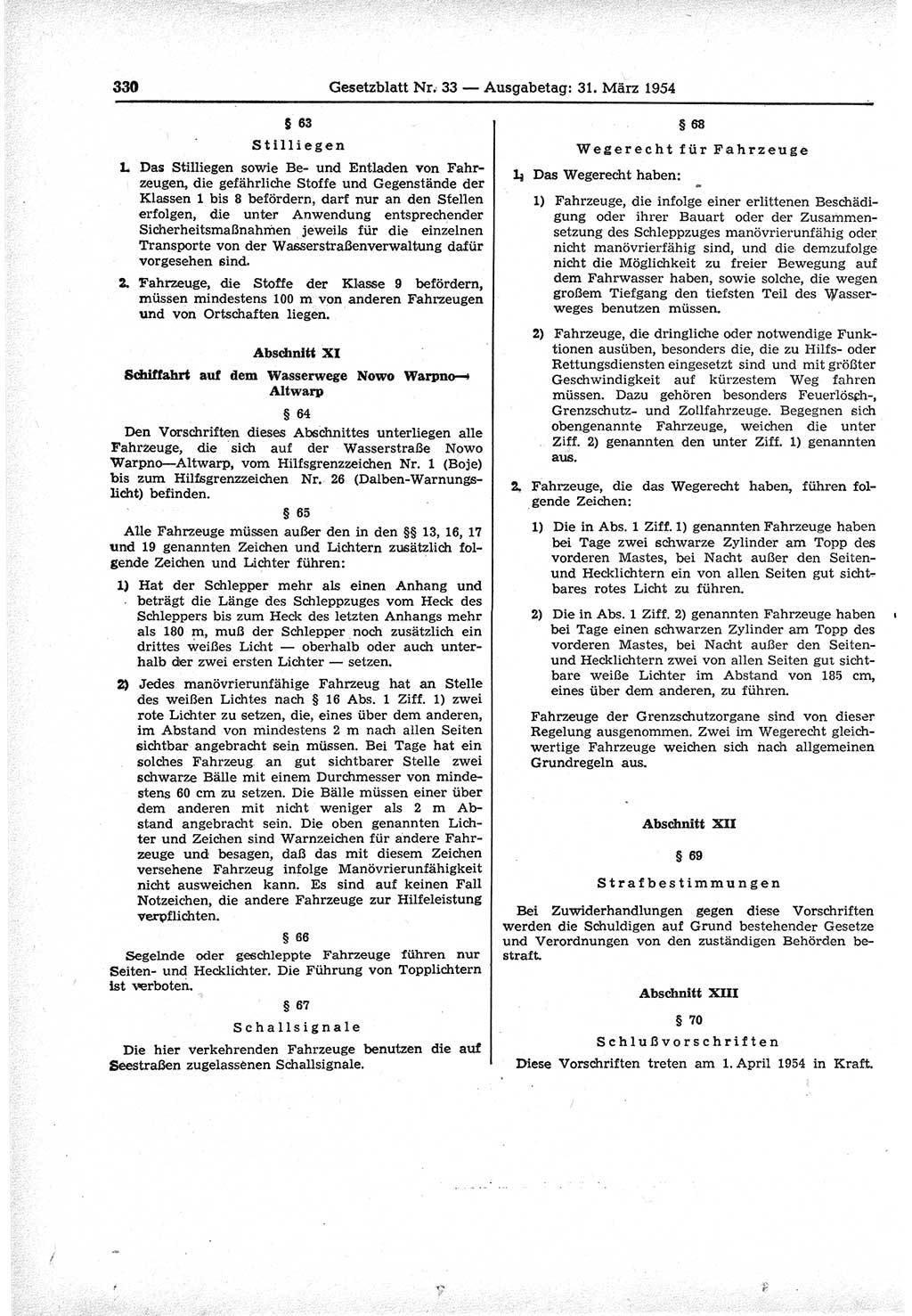 Gesetzblatt (GBl.) der Deutschen Demokratischen Republik (DDR) 1954, Seite 330 (GBl. DDR 1954, S. 330)