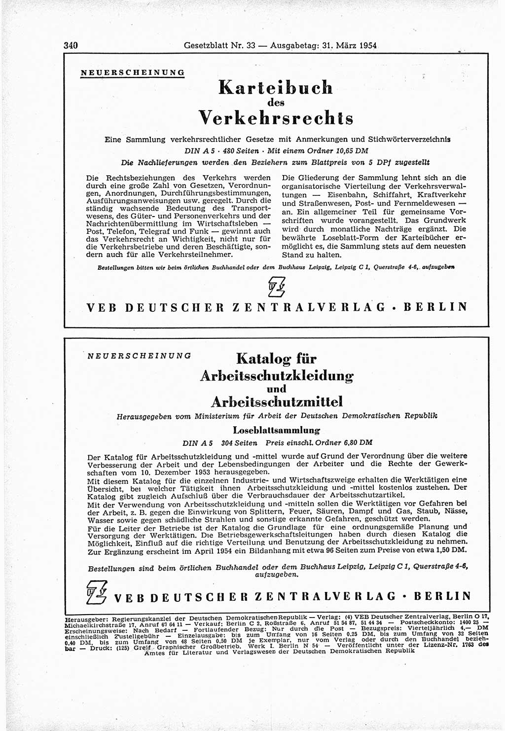 Gesetzblatt (GBl.) der Deutschen Demokratischen Republik (DDR) 1954, Seite 340 (GBl. DDR 1954, S. 340)