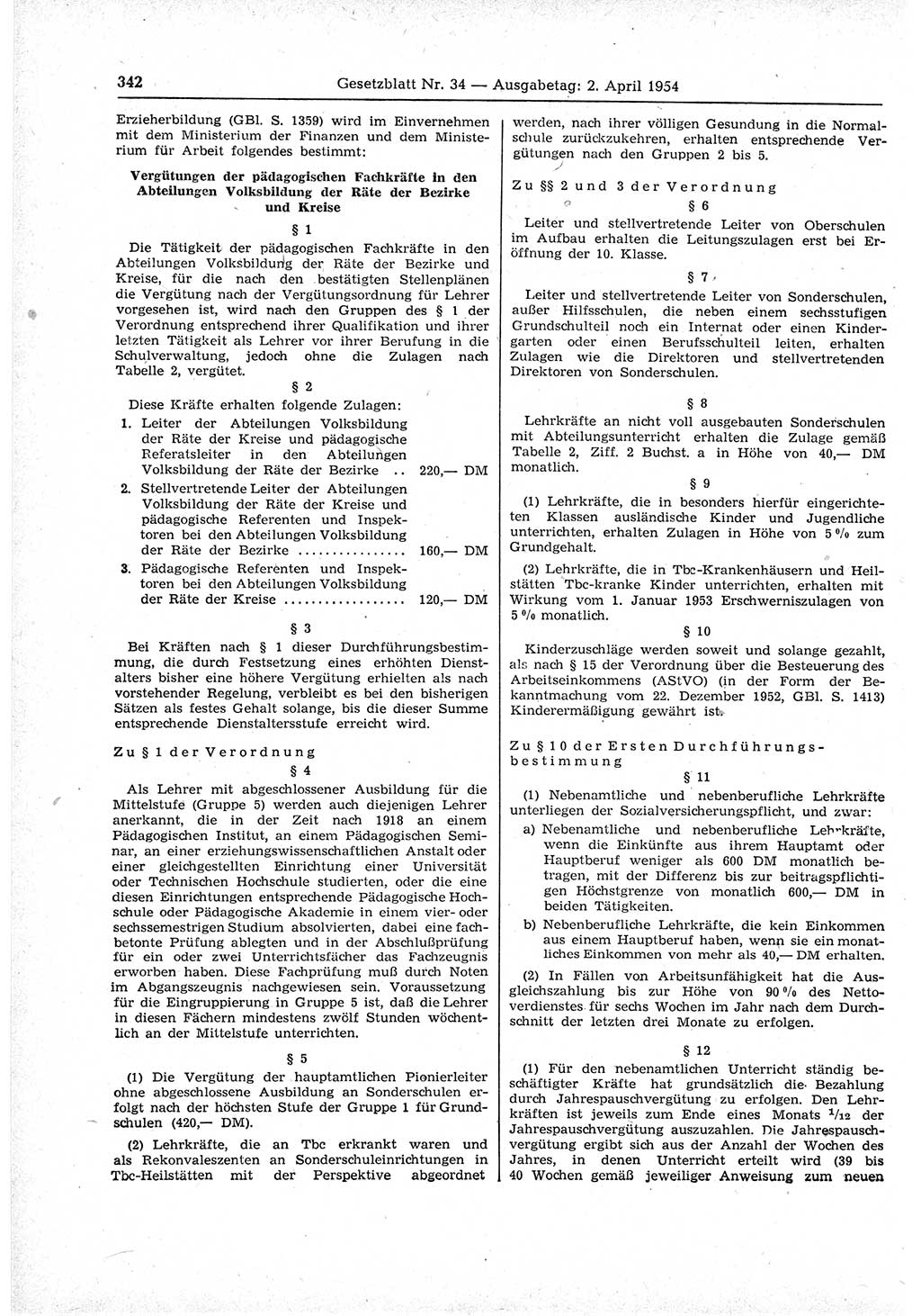 Gesetzblatt (GBl.) der Deutschen Demokratischen Republik (DDR) 1954, Seite 342 (GBl. DDR 1954, S. 342)