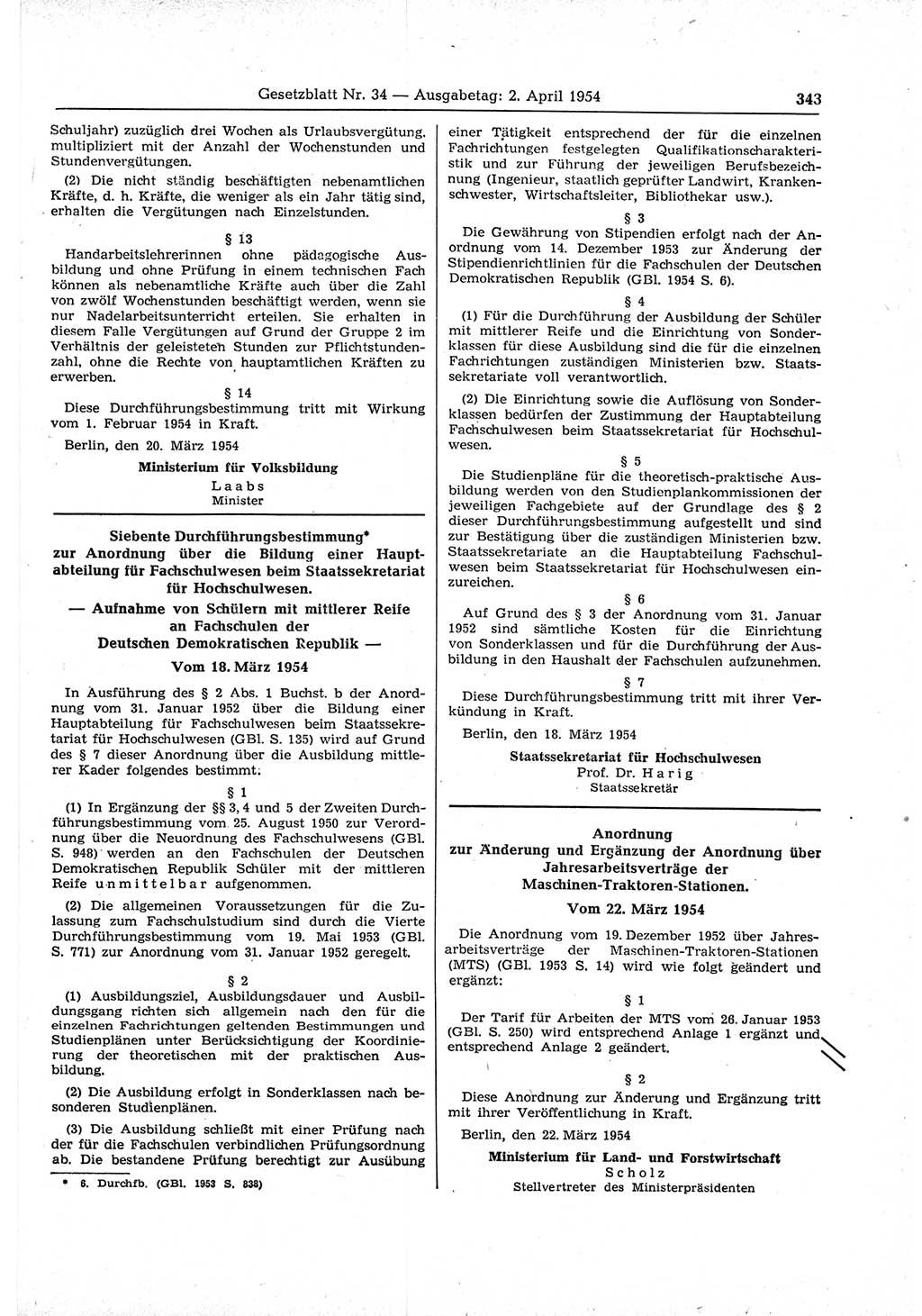 Gesetzblatt (GBl.) der Deutschen Demokratischen Republik (DDR) 1954, Seite 343 (GBl. DDR 1954, S. 343)