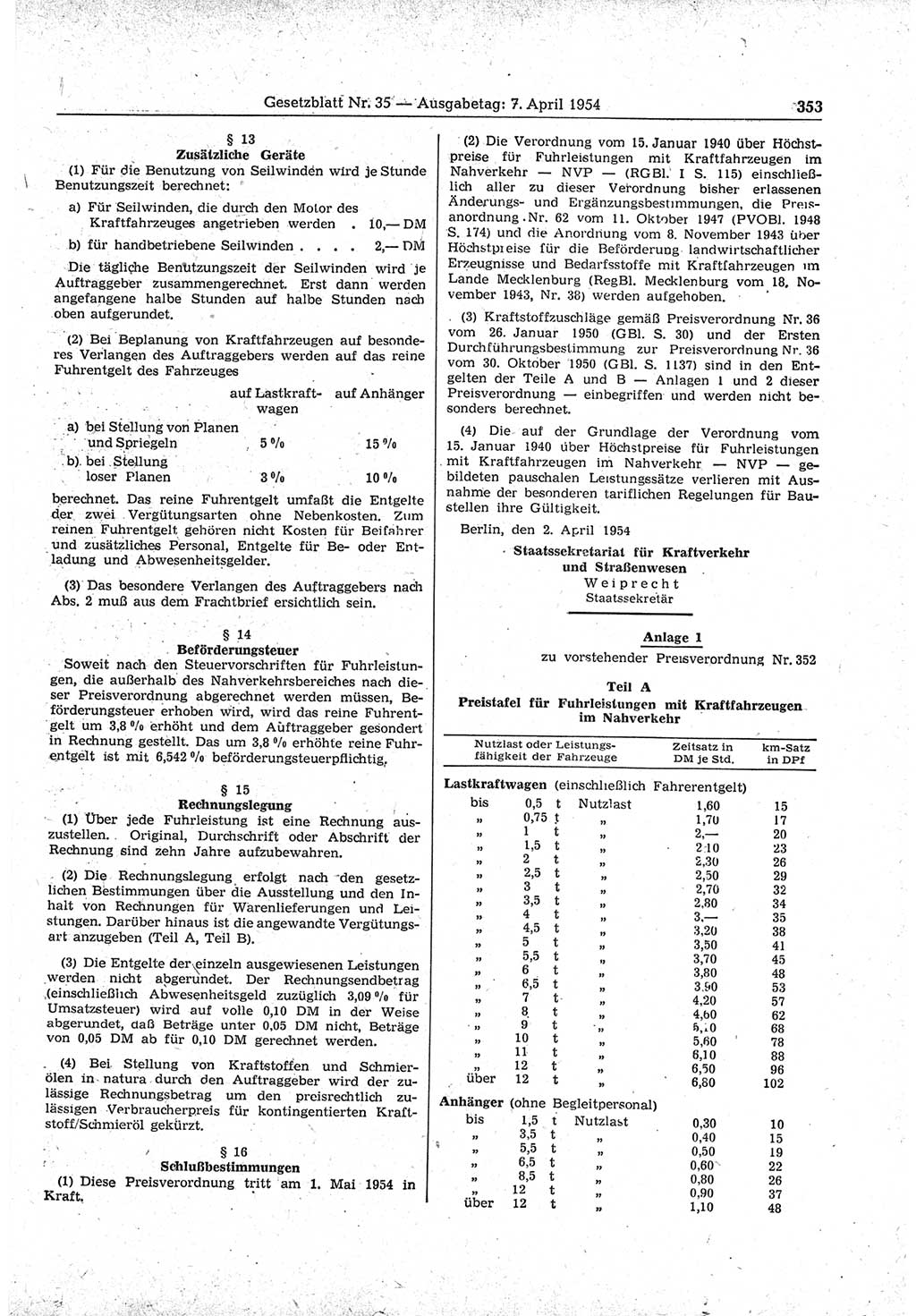 Gesetzblatt (GBl.) der Deutschen Demokratischen Republik (DDR) 1954, Seite 353 (GBl. DDR 1954, S. 353)