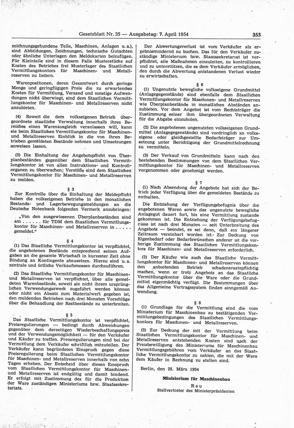 Gesetzblatt (GBl.) der Deutschen Demokratischen Republik (DDR) 1954, Seite 355 (GBl. DDR 1954, S. 355)