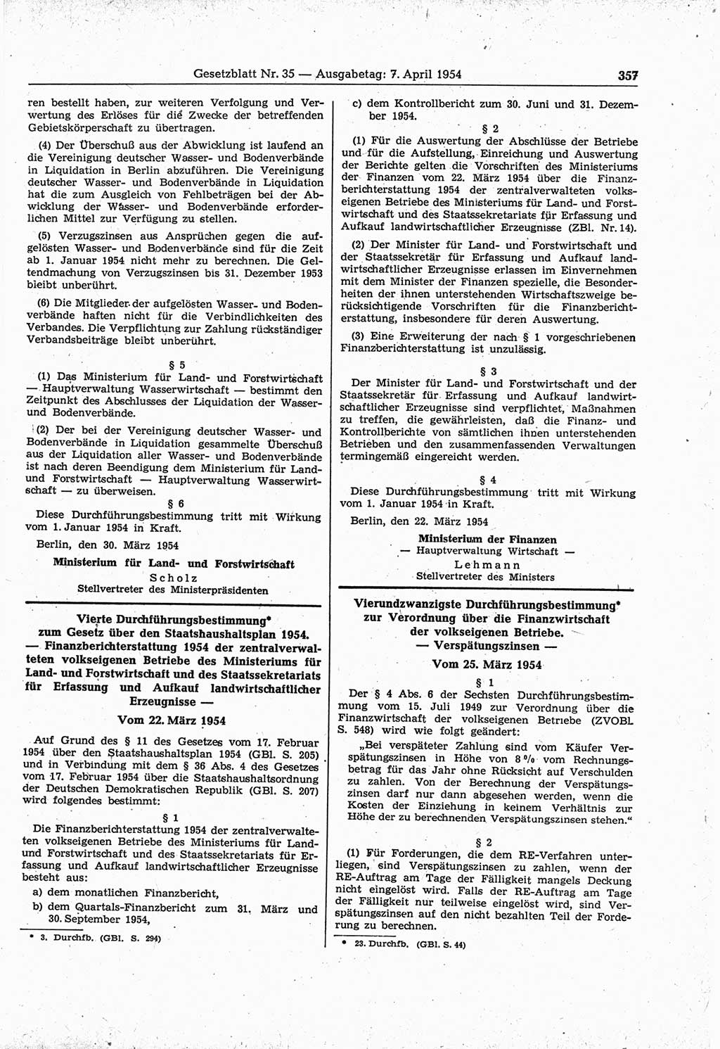 Gesetzblatt (GBl.) der Deutschen Demokratischen Republik (DDR) 1954, Seite 357 (GBl. DDR 1954, S. 357)