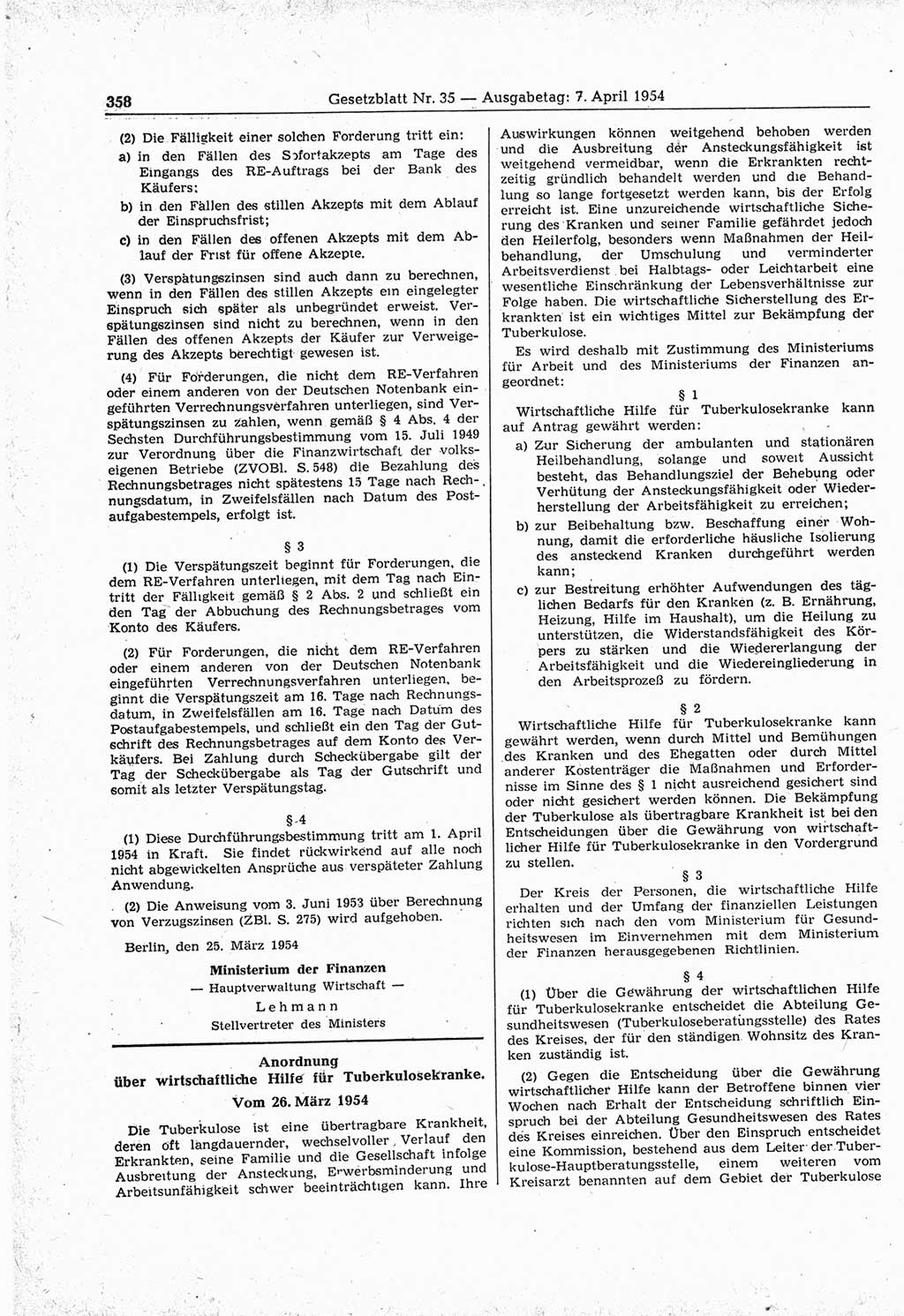 Gesetzblatt (GBl.) der Deutschen Demokratischen Republik (DDR) 1954, Seite 358 (GBl. DDR 1954, S. 358)