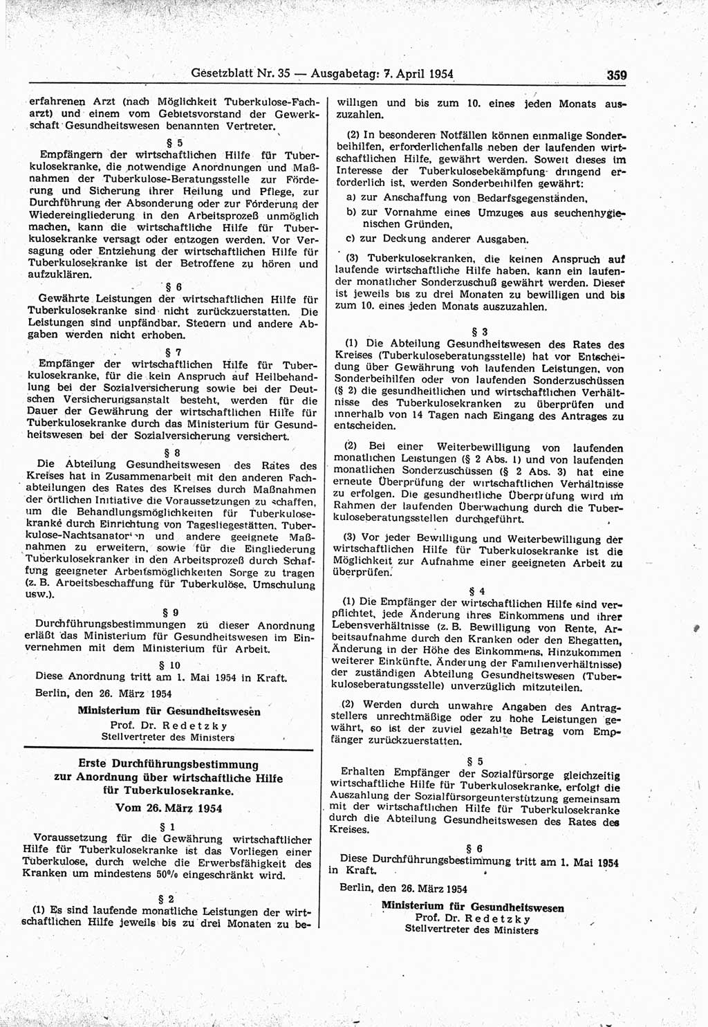 Gesetzblatt (GBl.) der Deutschen Demokratischen Republik (DDR) 1954, Seite 359 (GBl. DDR 1954, S. 359)