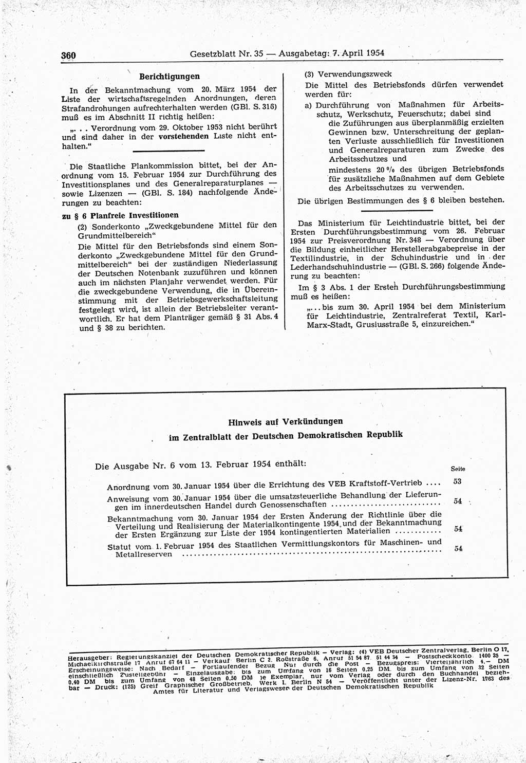 Gesetzblatt (GBl.) der Deutschen Demokratischen Republik (DDR) 1954, Seite 360 (GBl. DDR 1954, S. 360)