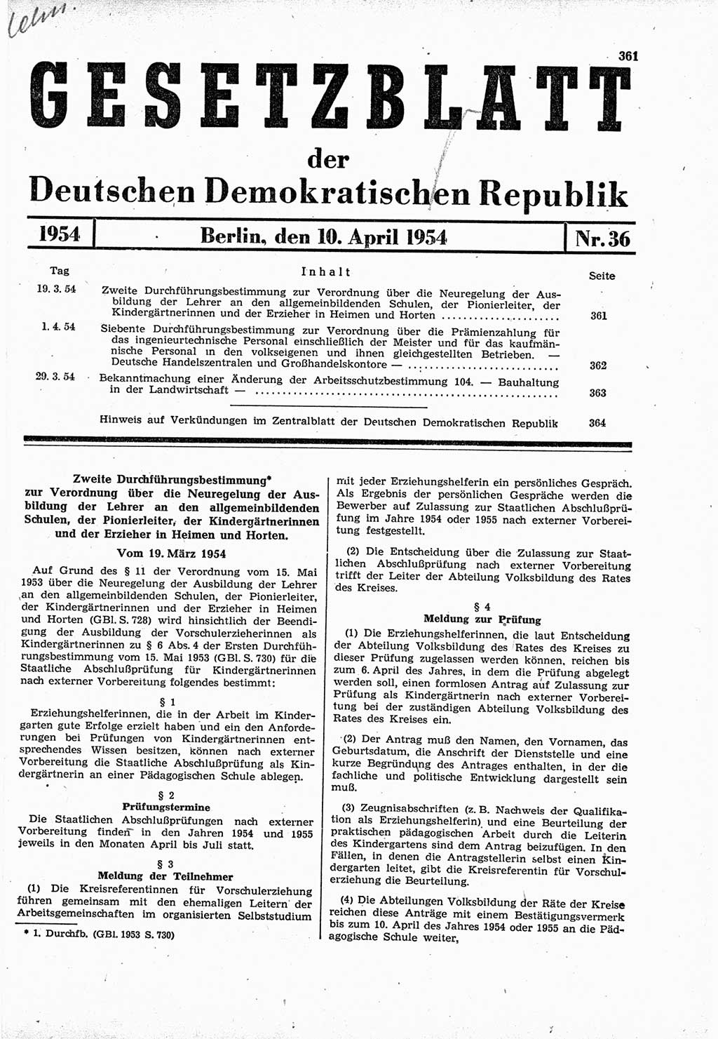 Gesetzblatt (GBl.) der Deutschen Demokratischen Republik (DDR) 1954, Seite 361 (GBl. DDR 1954, S. 361)