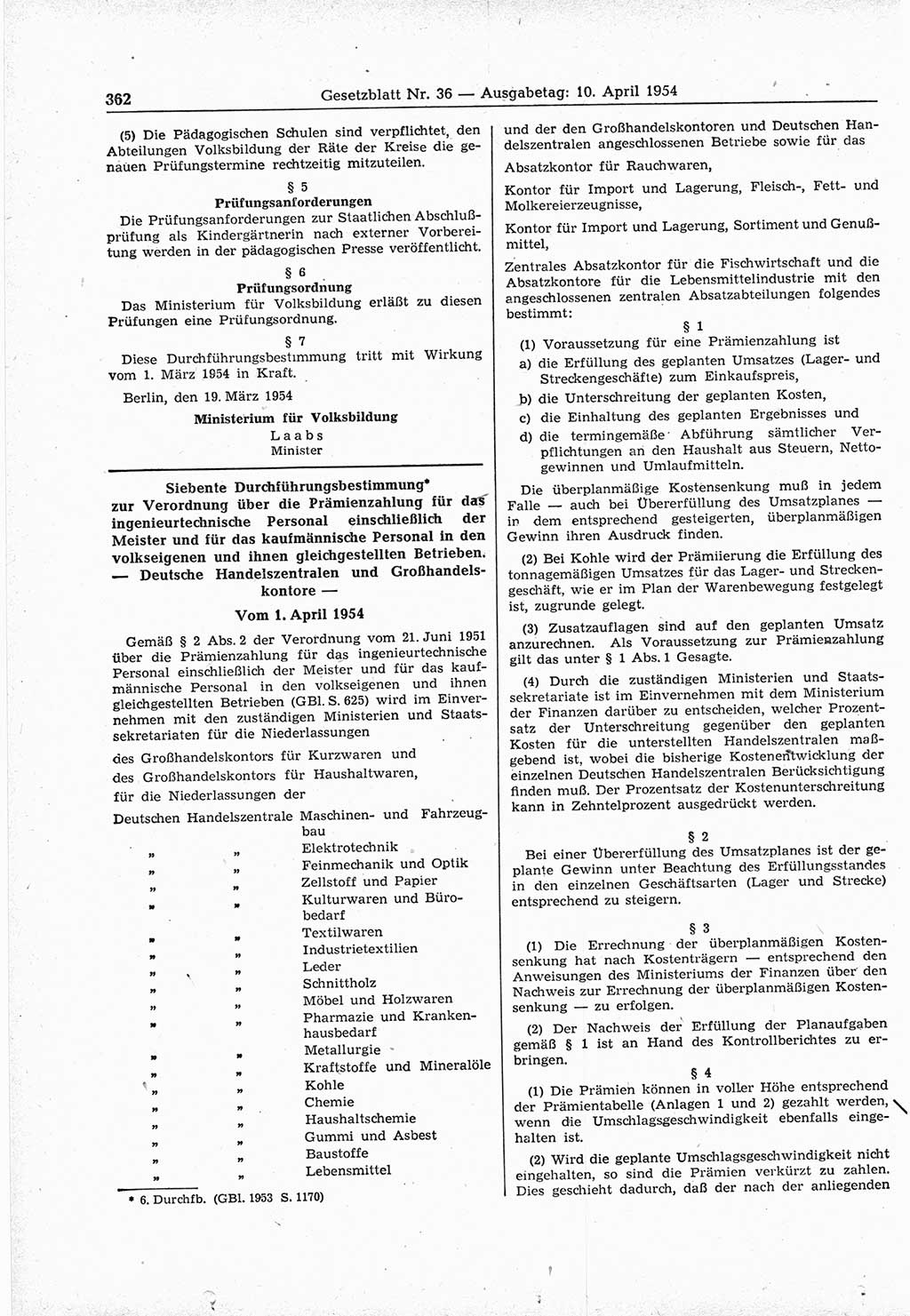 Gesetzblatt (GBl.) der Deutschen Demokratischen Republik (DDR) 1954, Seite 362 (GBl. DDR 1954, S. 362)