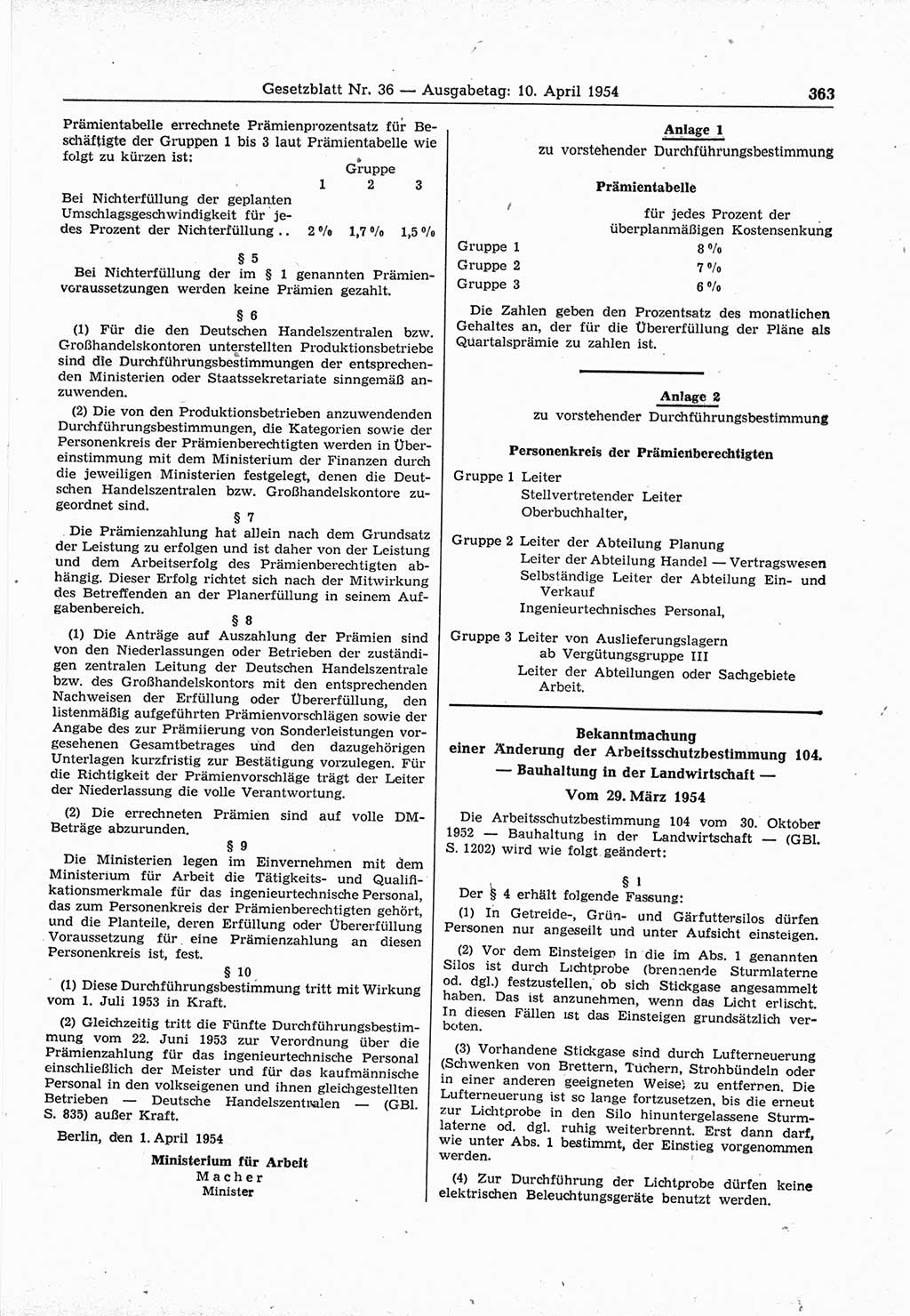 Gesetzblatt (GBl.) der Deutschen Demokratischen Republik (DDR) 1954, Seite 363 (GBl. DDR 1954, S. 363)