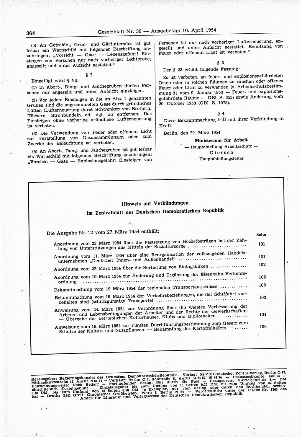 Gesetzblatt (GBl.) der Deutschen Demokratischen Republik (DDR) 1954, Seite 364 (GBl. DDR 1954, S. 364)
