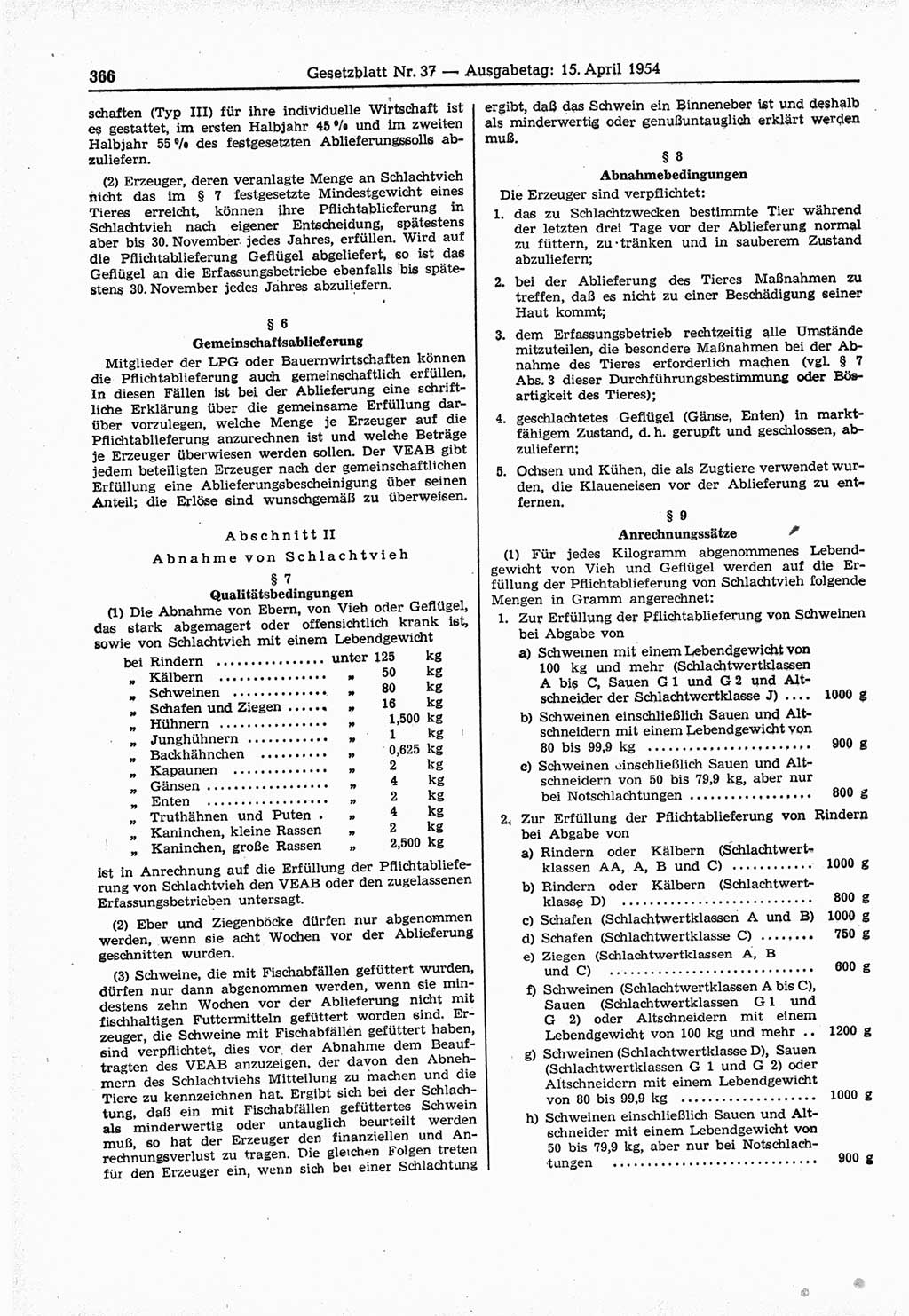 Gesetzblatt (GBl.) der Deutschen Demokratischen Republik (DDR) 1954, Seite 366 (GBl. DDR 1954, S. 366)