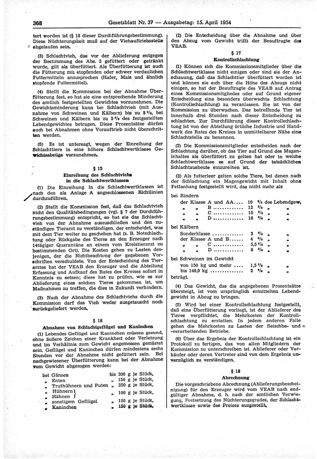 Gesetzblatt (GBl.) der Deutschen Demokratischen Republik (DDR) 1954, Seite 368 (GBl. DDR 1954, S. 368)