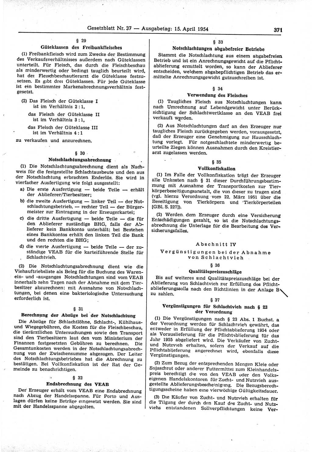 Gesetzblatt (GBl.) der Deutschen Demokratischen Republik (DDR) 1954, Seite 371 (GBl. DDR 1954, S. 371)