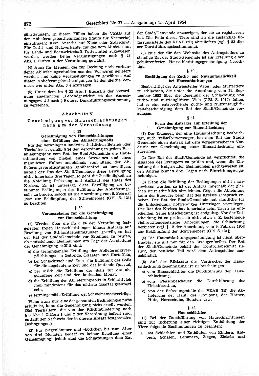 Gesetzblatt (GBl.) der Deutschen Demokratischen Republik (DDR) 1954, Seite 372 (GBl. DDR 1954, S. 372)