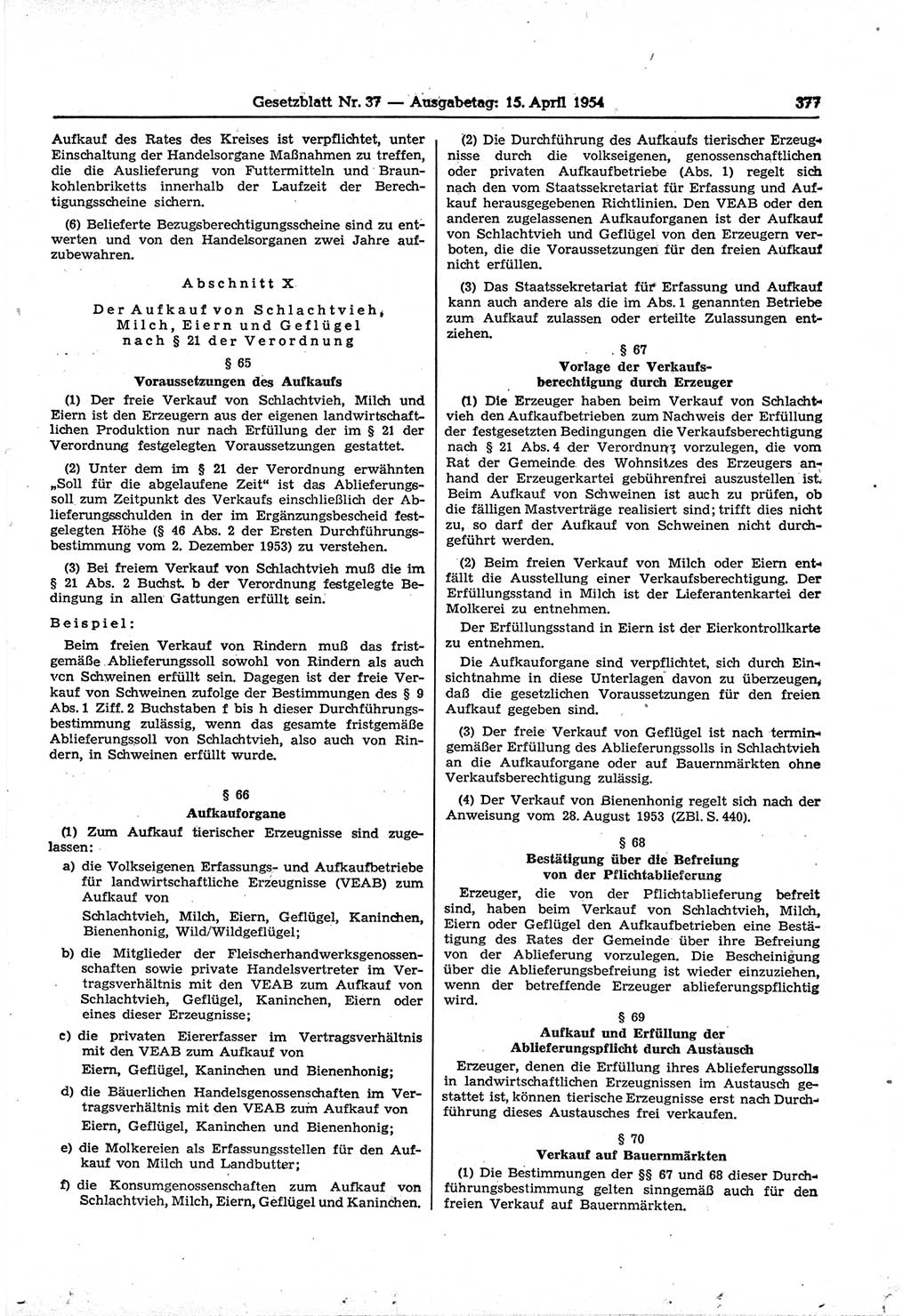 Gesetzblatt (GBl.) der Deutschen Demokratischen Republik (DDR) 1954, Seite 377 (GBl. DDR 1954, S. 377)
