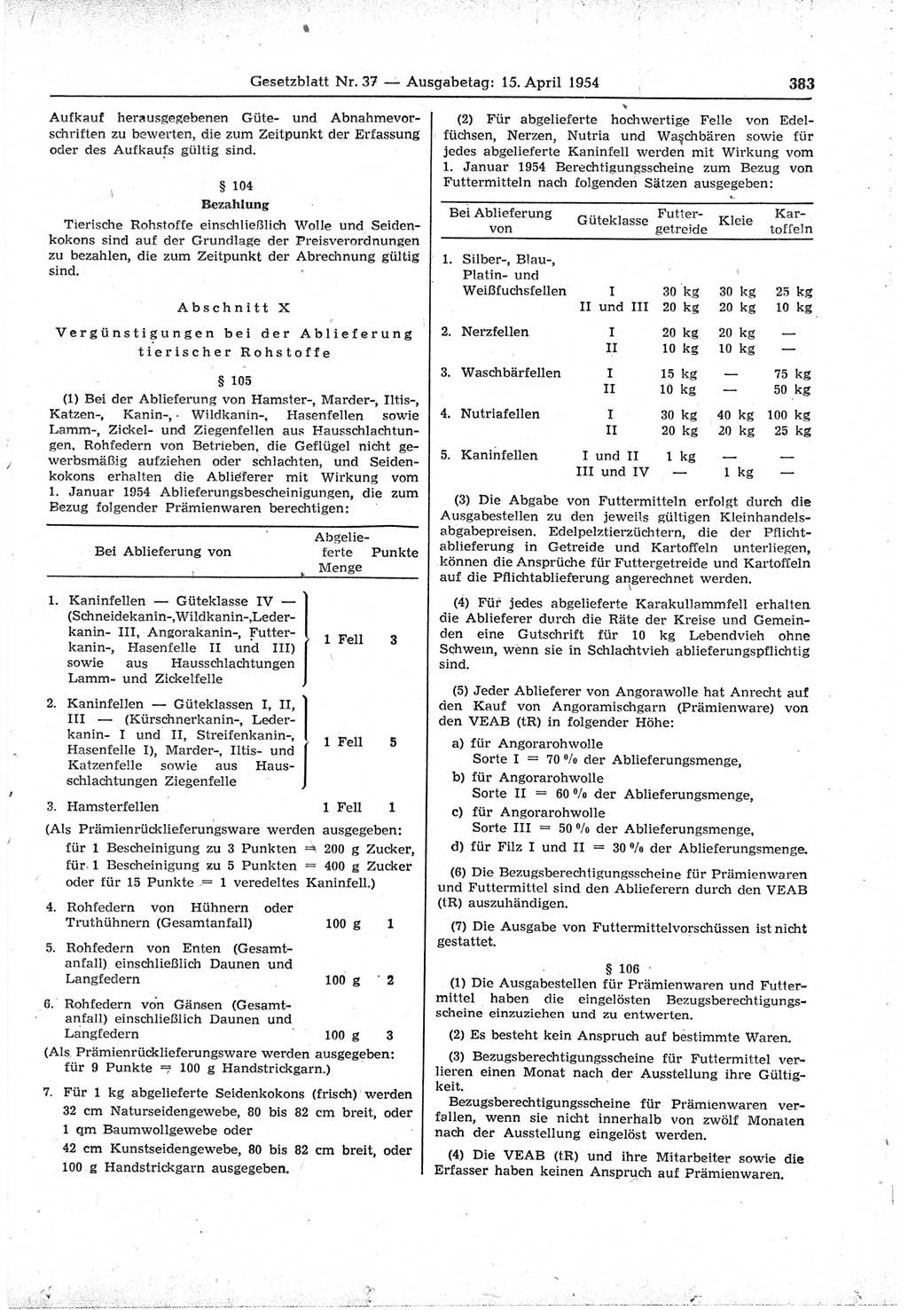 Gesetzblatt (GBl.) der Deutschen Demokratischen Republik (DDR) 1954, Seite 383 (GBl. DDR 1954, S. 383)