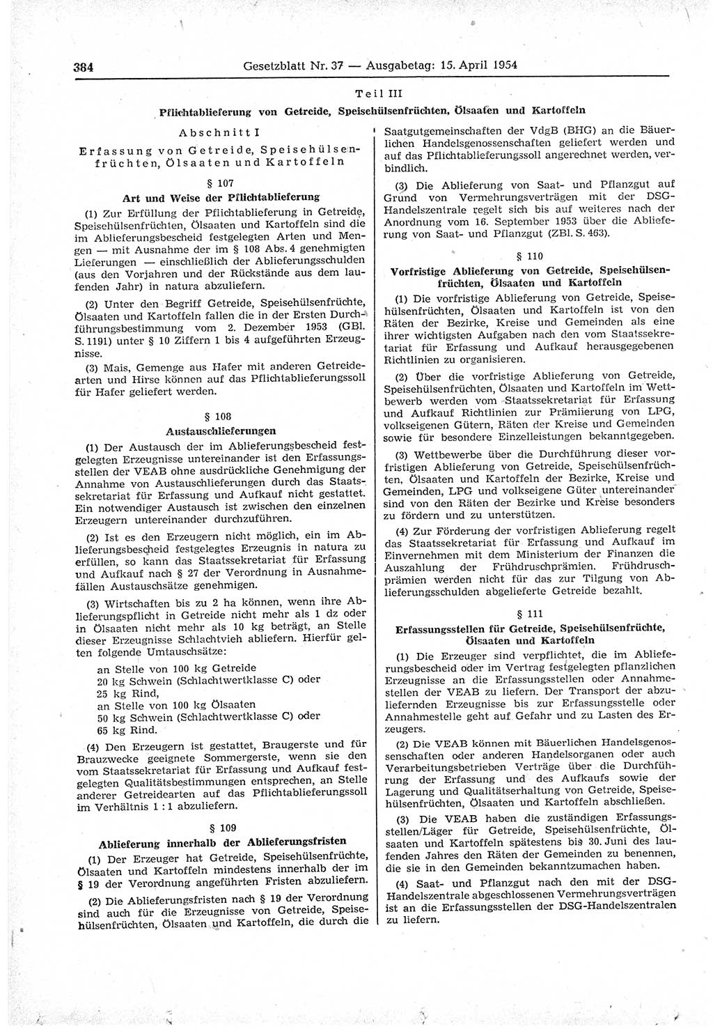 Gesetzblatt (GBl.) der Deutschen Demokratischen Republik (DDR) 1954, Seite 384 (GBl. DDR 1954, S. 384)