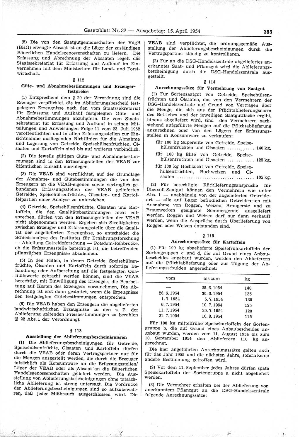 Gesetzblatt (GBl.) der Deutschen Demokratischen Republik (DDR) 1954, Seite 385 (GBl. DDR 1954, S. 385)