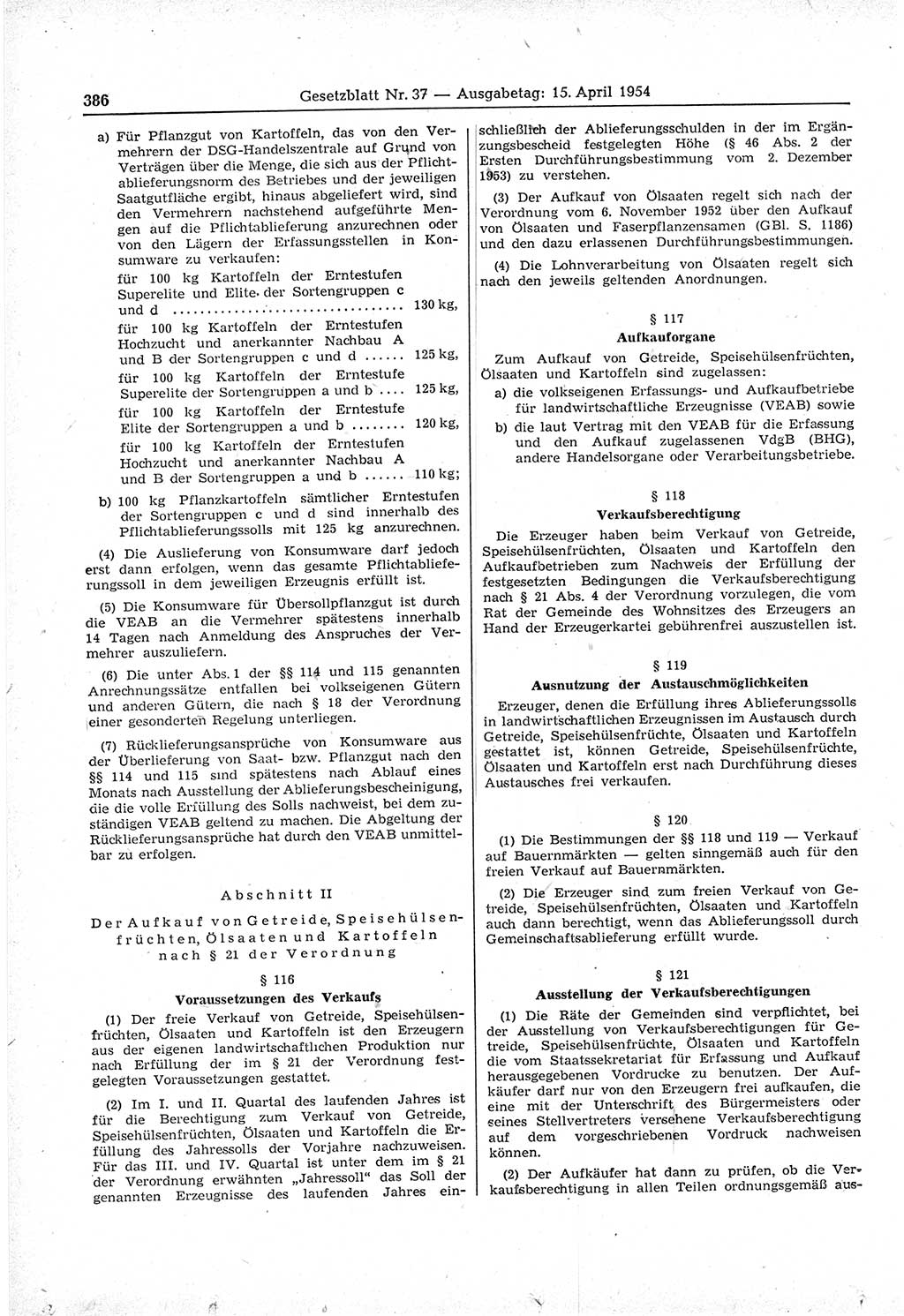 Gesetzblatt (GBl.) der Deutschen Demokratischen Republik (DDR) 1954, Seite 386 (GBl. DDR 1954, S. 386)