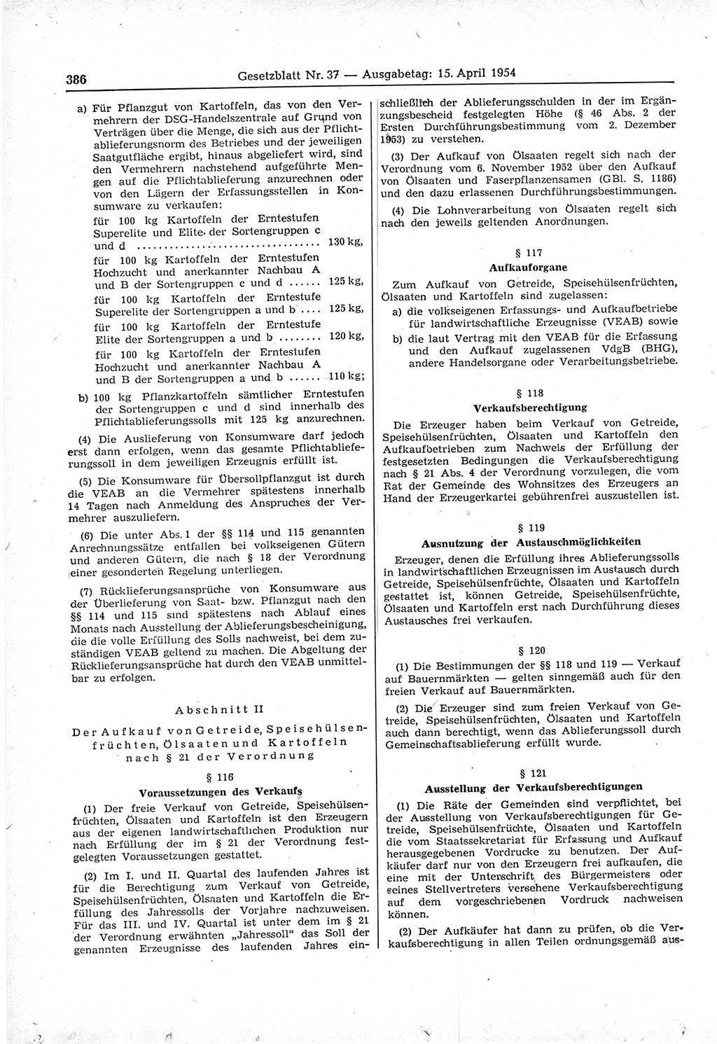 Gesetzblatt (GBl.) der Deutschen Demokratischen Republik (DDR) 1954, Seite 386 (GBl. DDR 1954, S. 386)