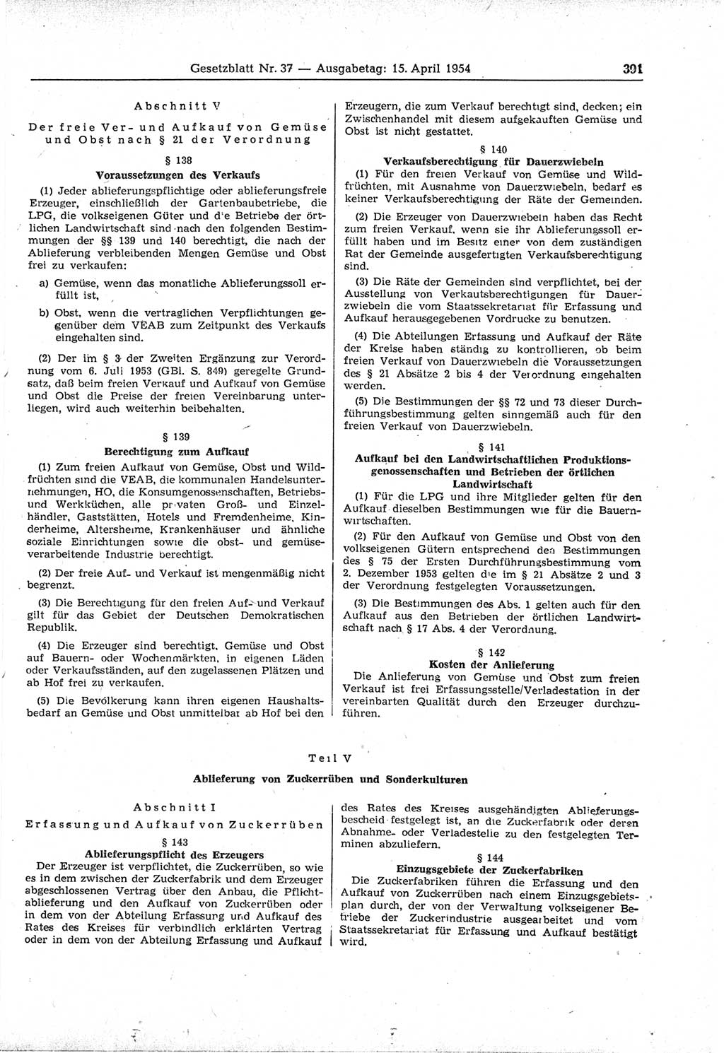 Gesetzblatt (GBl.) der Deutschen Demokratischen Republik (DDR) 1954, Seite 391 (GBl. DDR 1954, S. 391)