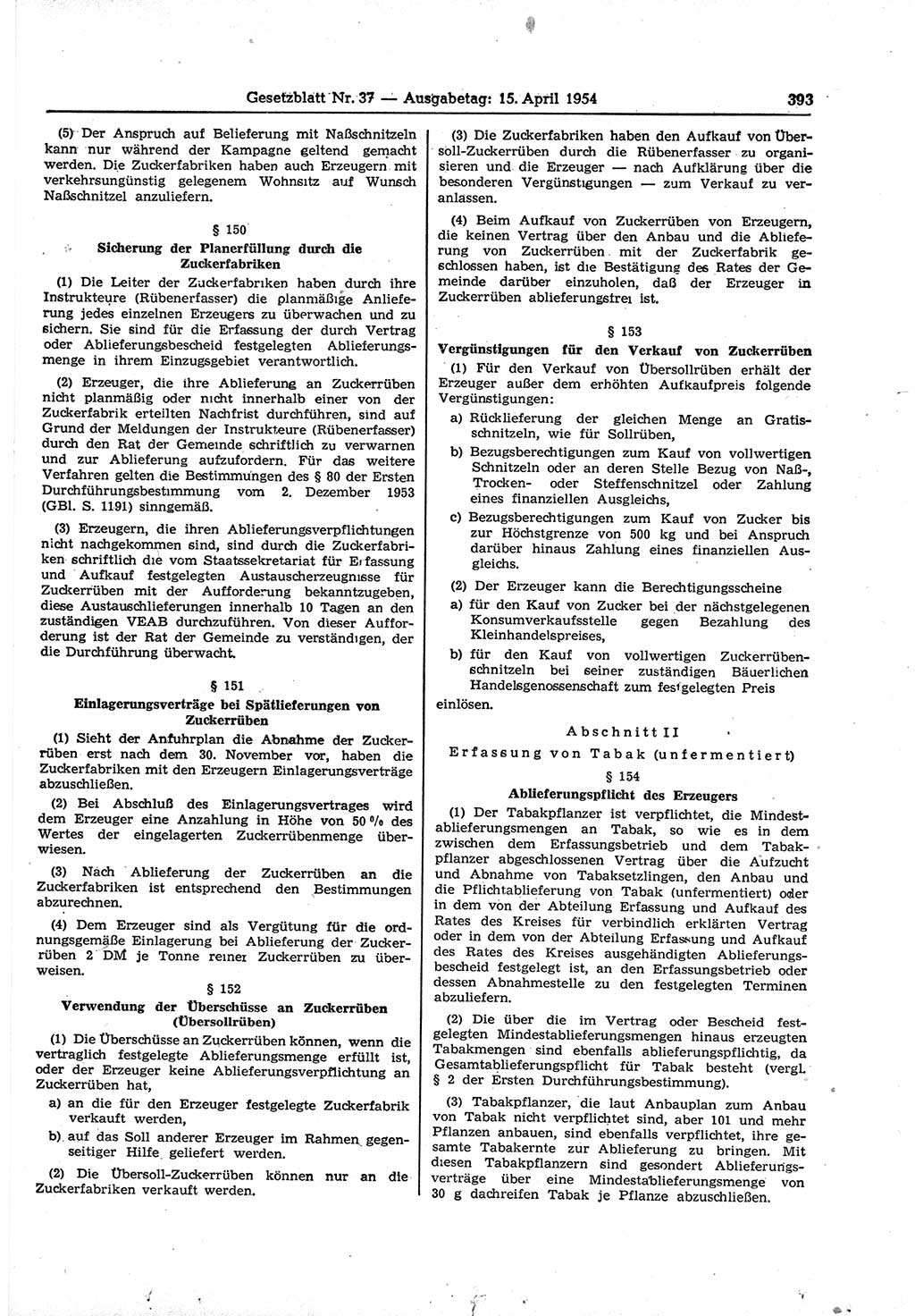 Gesetzblatt (GBl.) der Deutschen Demokratischen Republik (DDR) 1954, Seite 393 (GBl. DDR 1954, S. 393)