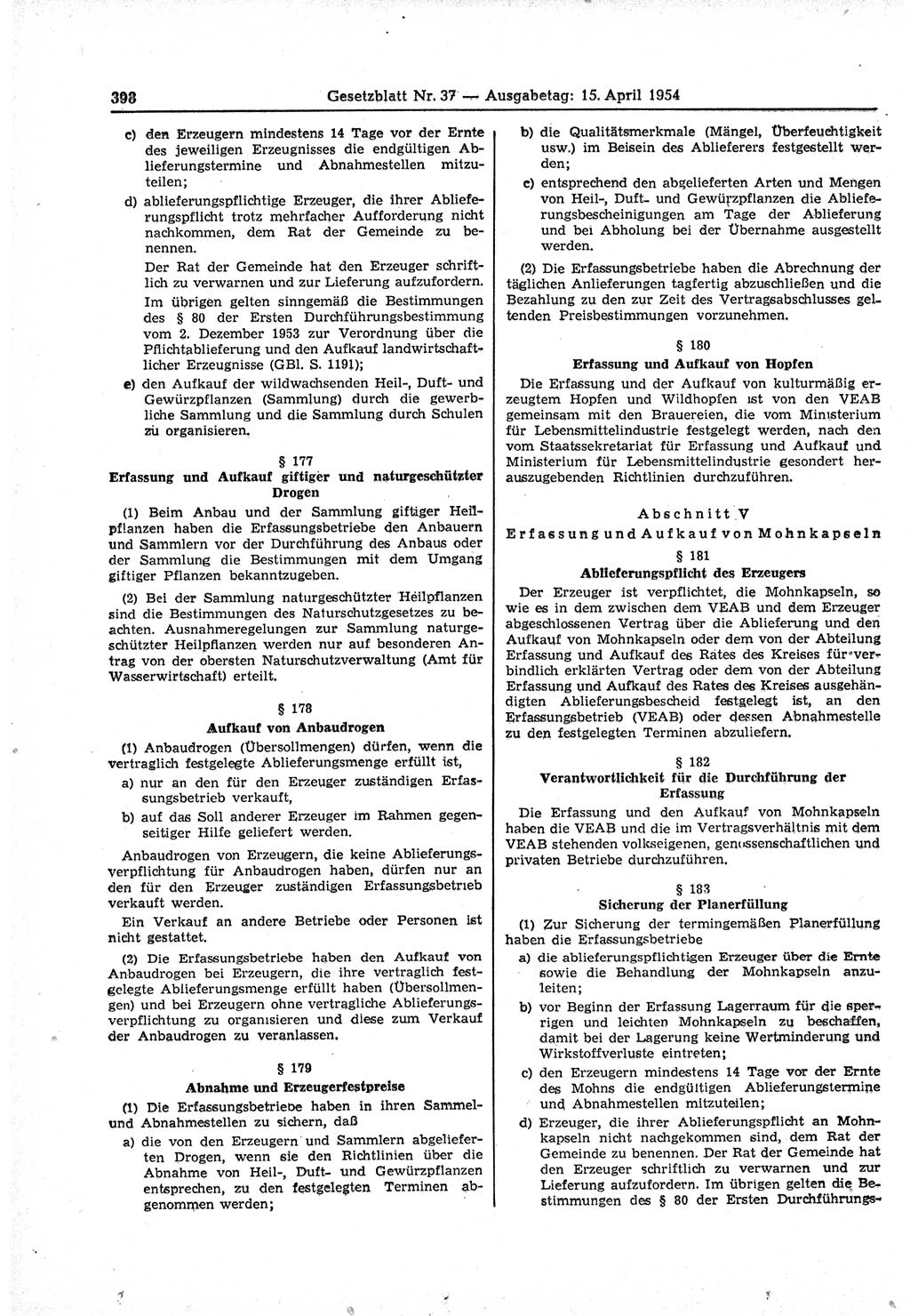 Gesetzblatt (GBl.) der Deutschen Demokratischen Republik (DDR) 1954, Seite 398 (GBl. DDR 1954, S. 398)