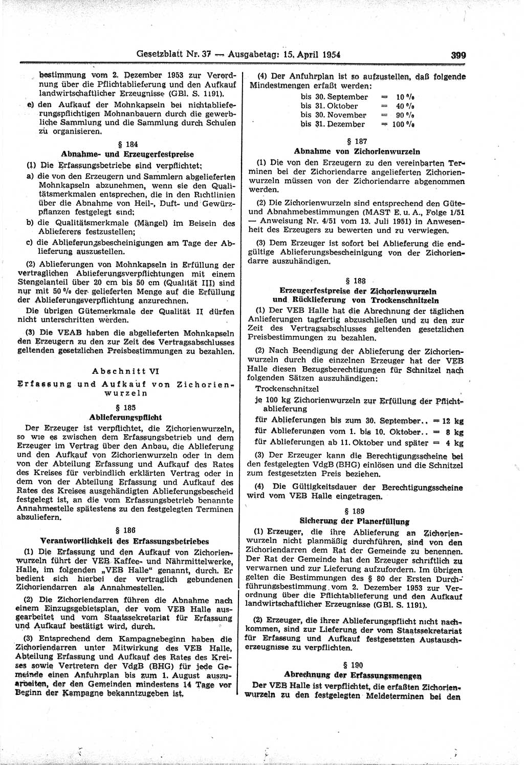 Gesetzblatt (GBl.) der Deutschen Demokratischen Republik (DDR) 1954, Seite 399 (GBl. DDR 1954, S. 399)