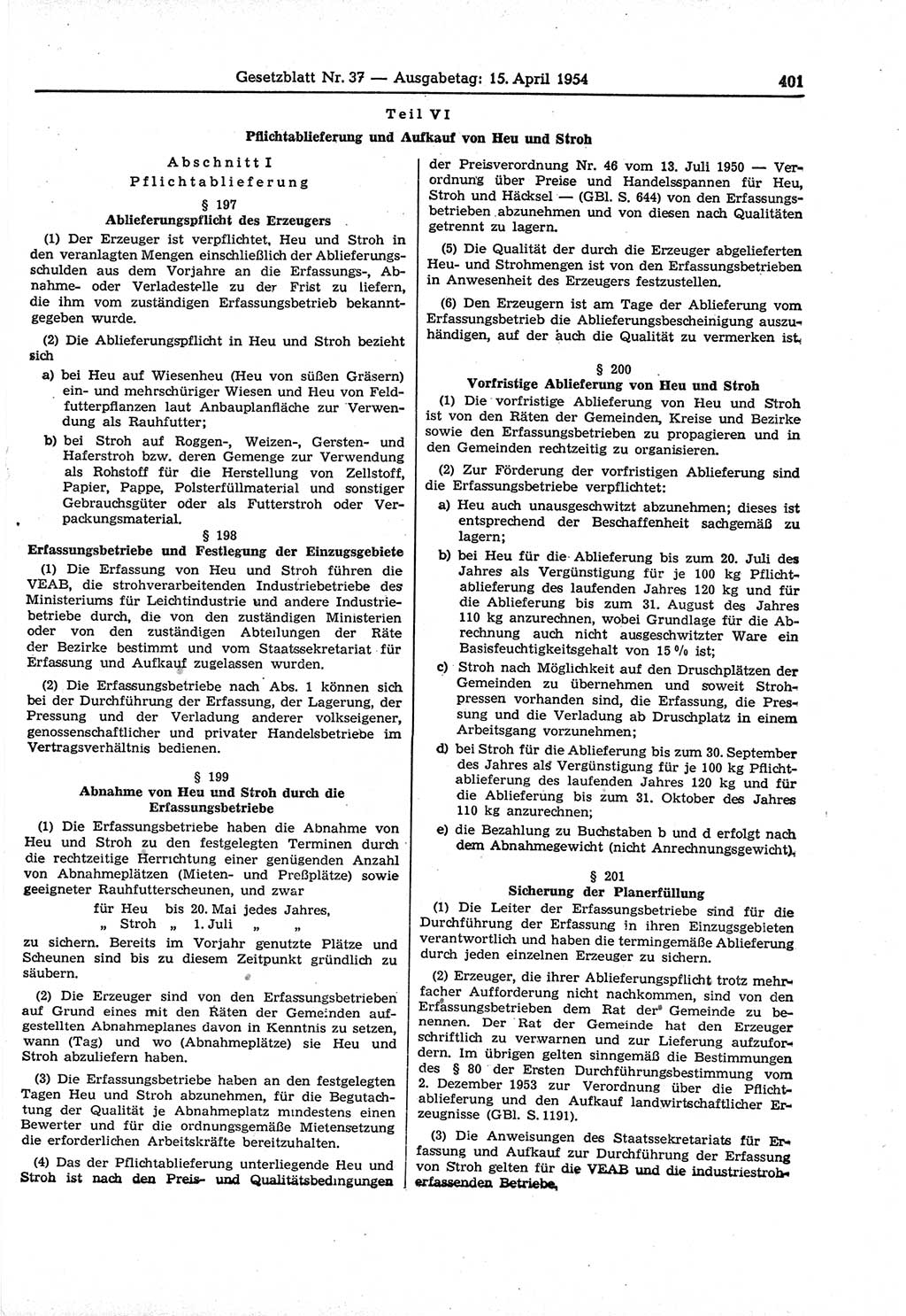Gesetzblatt (GBl.) der Deutschen Demokratischen Republik (DDR) 1954, Seite 401 (GBl. DDR 1954, S. 401)
