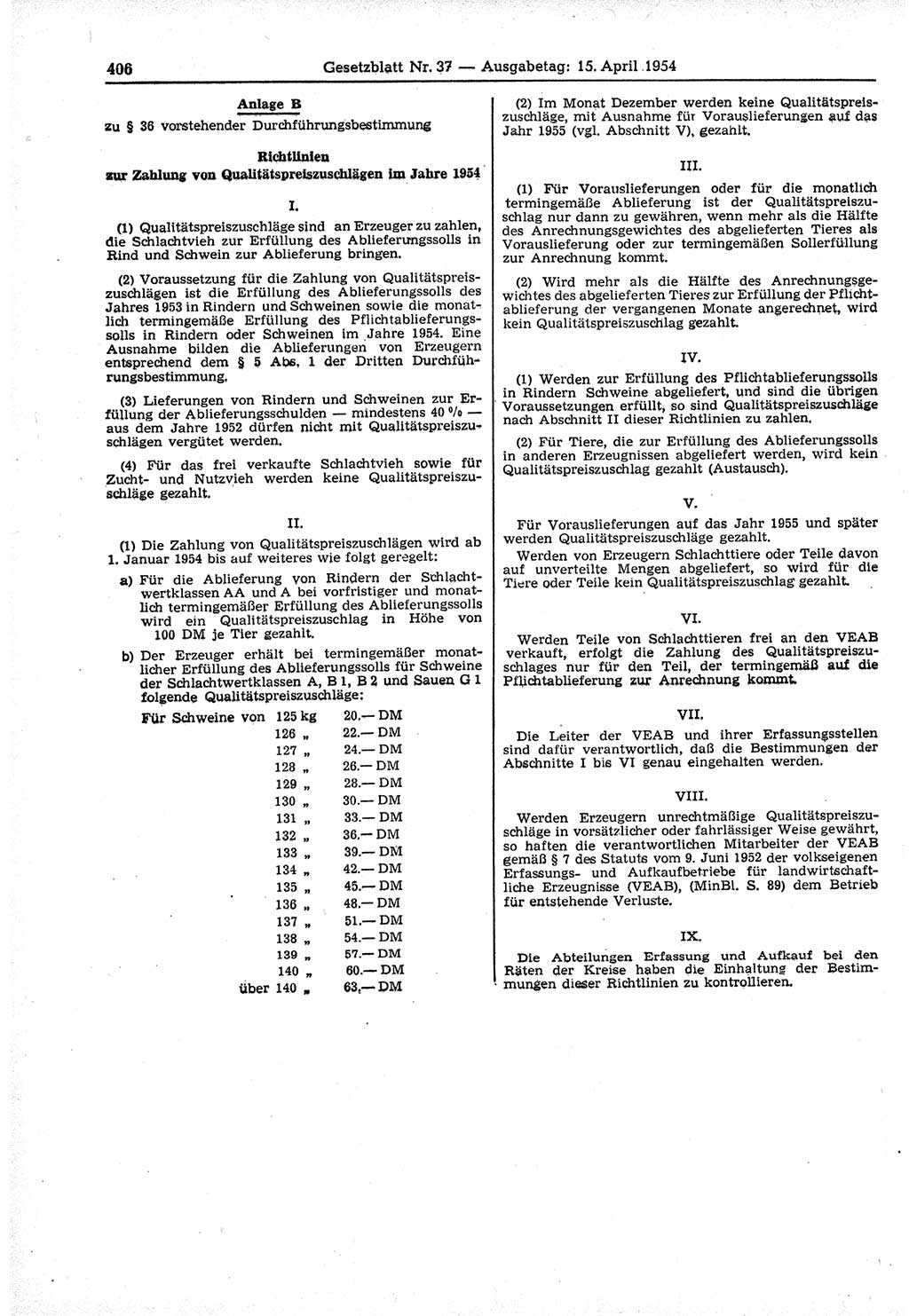 Gesetzblatt (GBl.) der Deutschen Demokratischen Republik (DDR) 1954, Seite 406 (GBl. DDR 1954, S. 406)