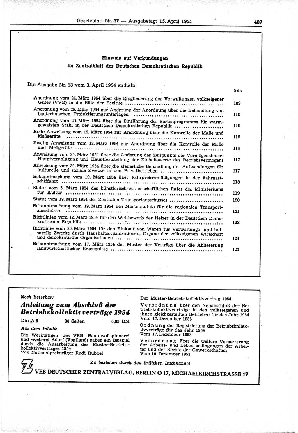Gesetzblatt (GBl.) der Deutschen Demokratischen Republik (DDR) 1954, Seite 407 (GBl. DDR 1954, S. 407)