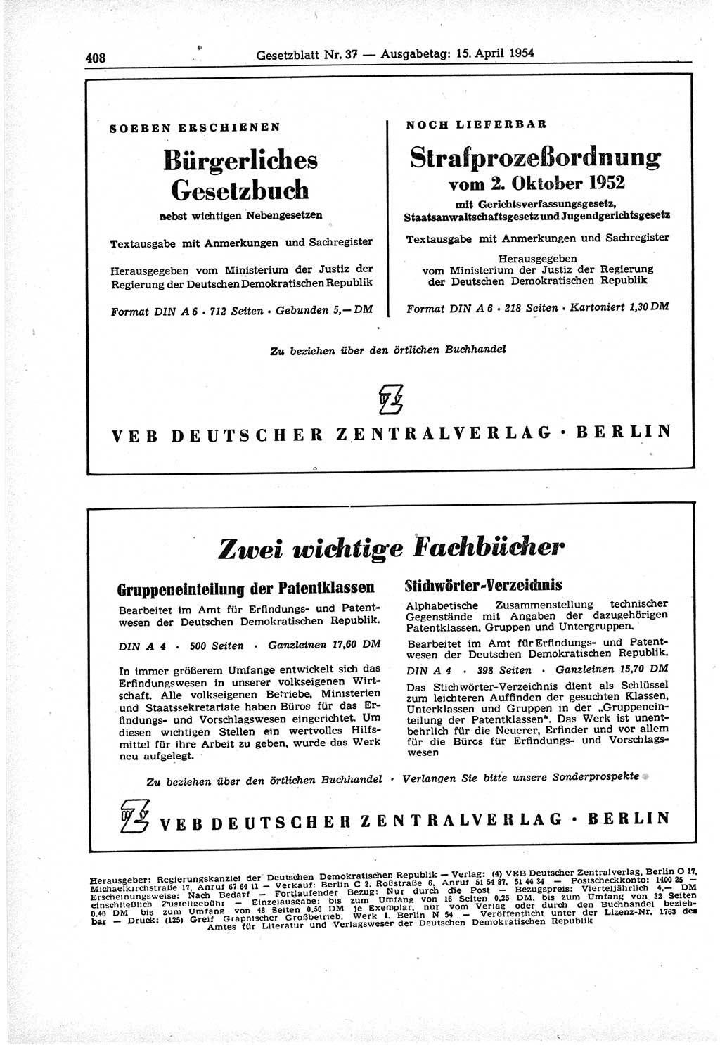 Gesetzblatt (GBl.) der Deutschen Demokratischen Republik (DDR) 1954, Seite 408 (GBl. DDR 1954, S. 408)