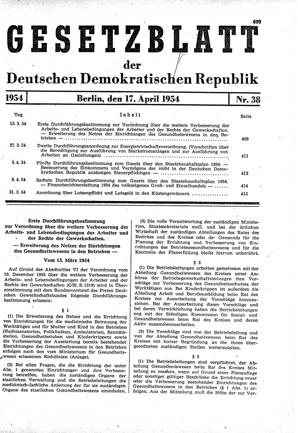 Gesetzblatt (GBl.) der Deutschen Demokratischen Republik (DDR) 1954, Seite 409 (GBl. DDR 1954, S. 409)