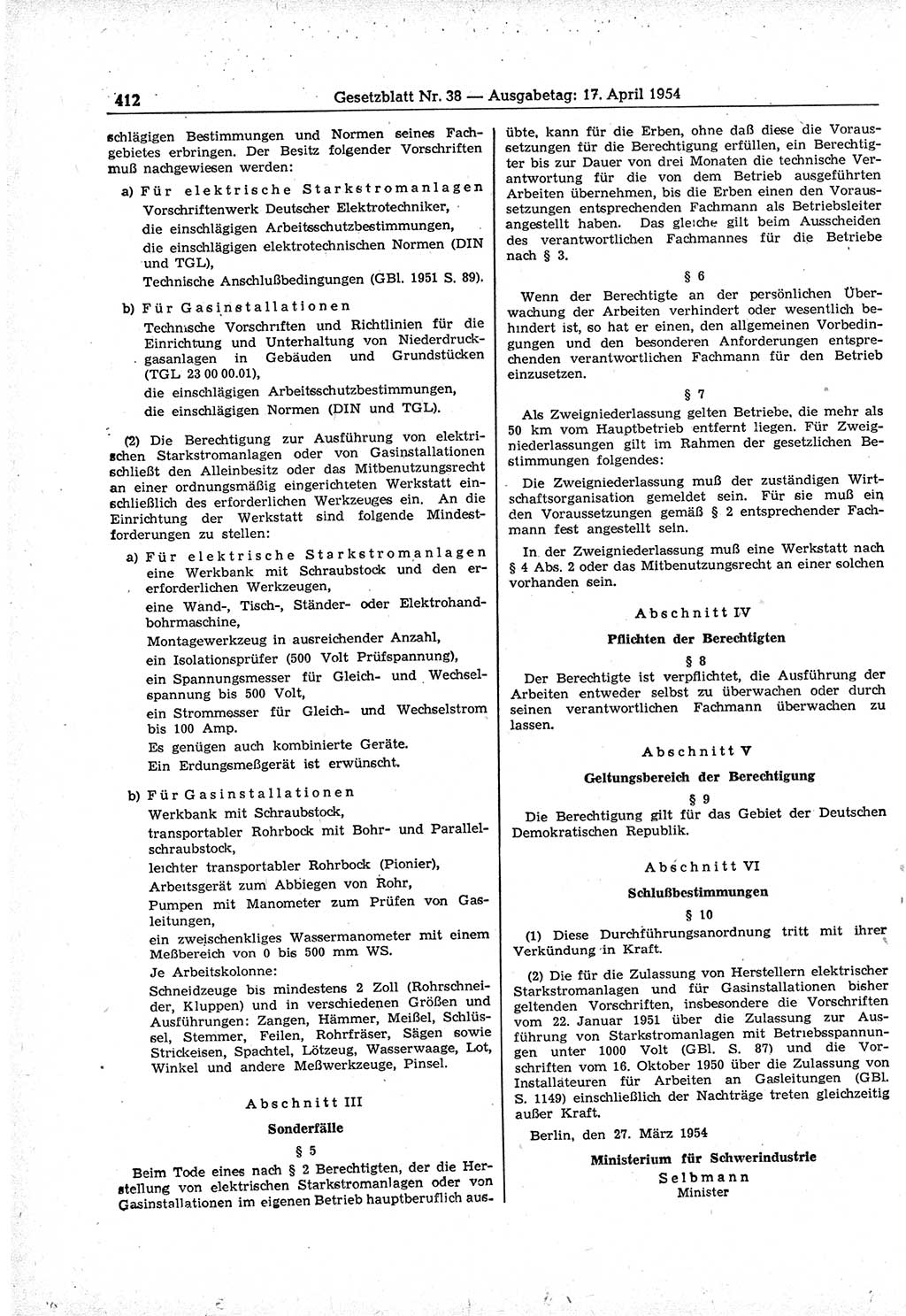 Gesetzblatt (GBl.) der Deutschen Demokratischen Republik (DDR) 1954, Seite 412 (GBl. DDR 1954, S. 412)