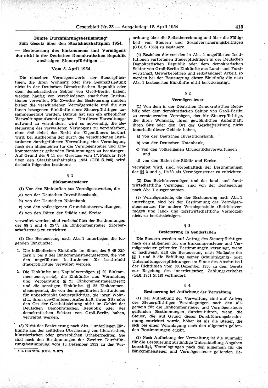 Gesetzblatt (GBl.) der Deutschen Demokratischen Republik (DDR) 1954, Seite 413 (GBl. DDR 1954, S. 413)