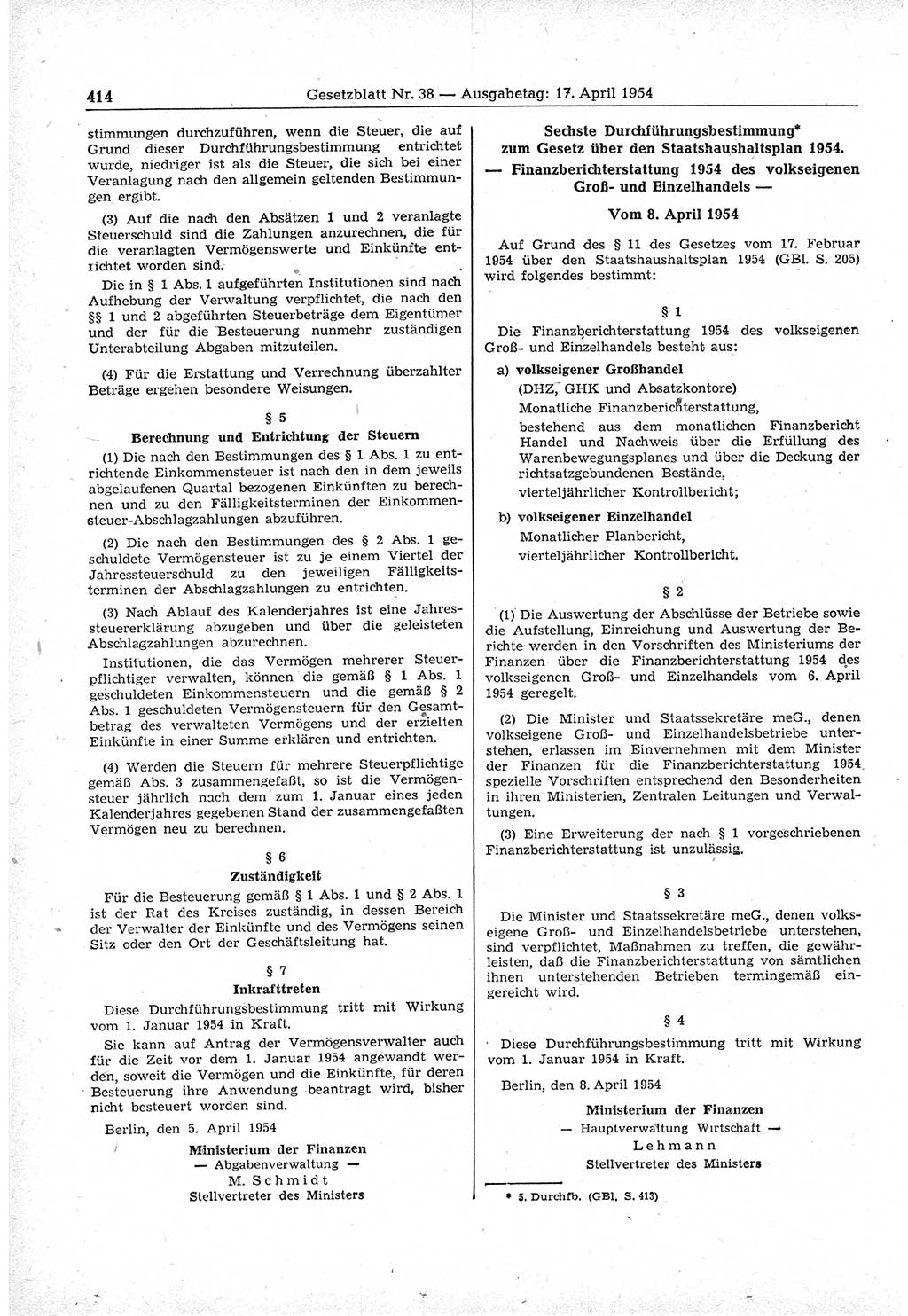 Gesetzblatt (GBl.) der Deutschen Demokratischen Republik (DDR) 1954, Seite 414 (GBl. DDR 1954, S. 414)