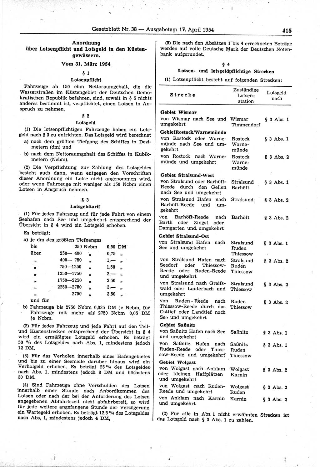 Gesetzblatt (GBl.) der Deutschen Demokratischen Republik (DDR) 1954, Seite 415 (GBl. DDR 1954, S. 415)