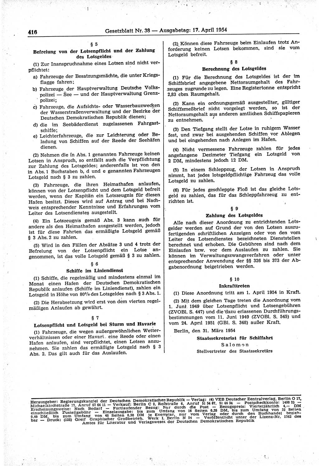 Gesetzblatt (GBl.) der Deutschen Demokratischen Republik (DDR) 1954, Seite 416 (GBl. DDR 1954, S. 416)