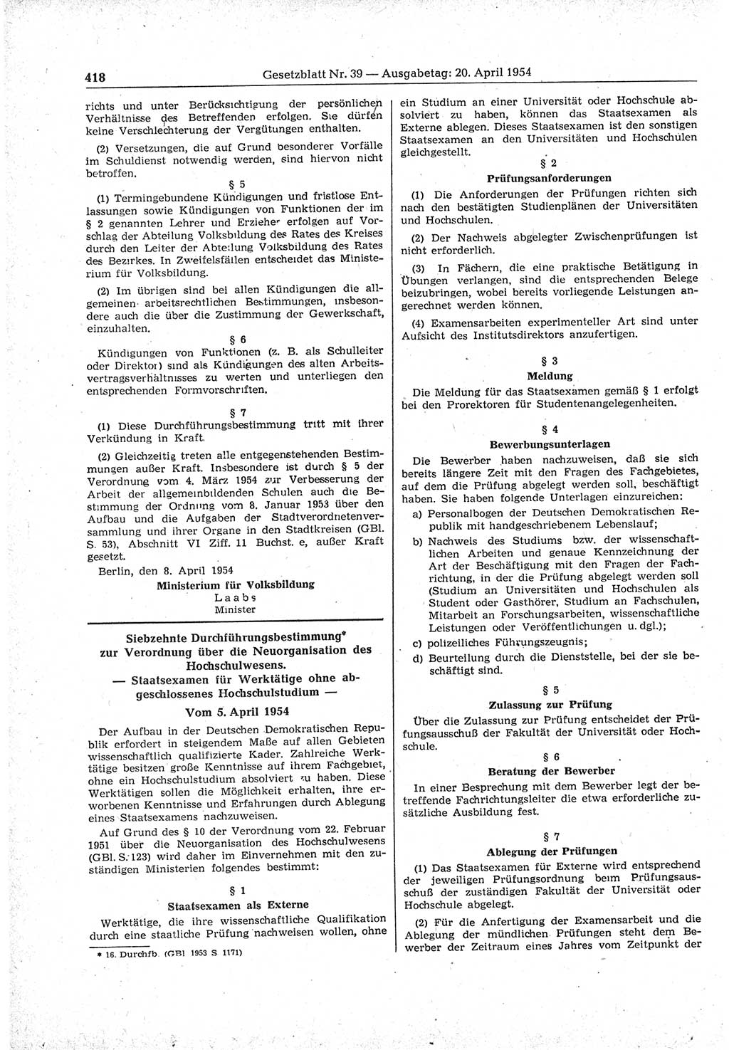 Gesetzblatt (GBl.) der Deutschen Demokratischen Republik (DDR) 1954, Seite 418 (GBl. DDR 1954, S. 418)