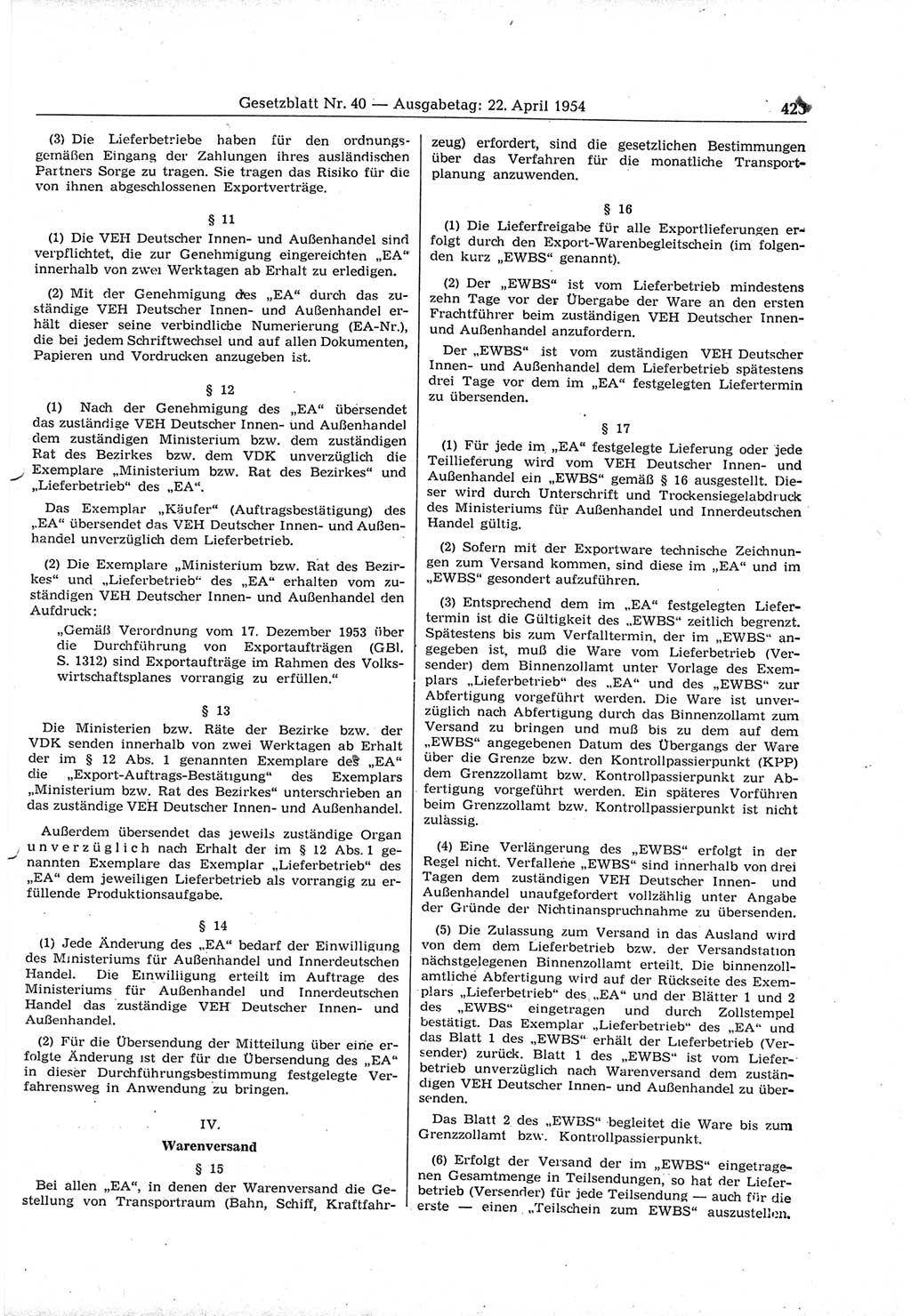 Gesetzblatt (GBl.) der Deutschen Demokratischen Republik (DDR) 1954, Seite 423 (GBl. DDR 1954, S. 423)