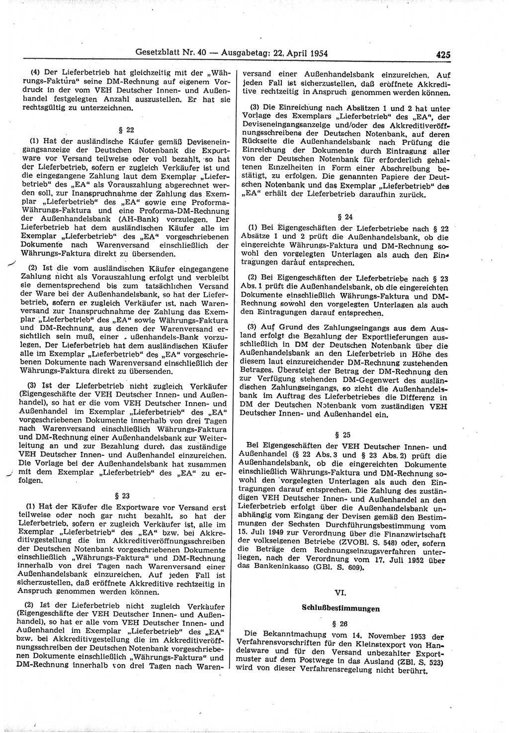Gesetzblatt (GBl.) der Deutschen Demokratischen Republik (DDR) 1954, Seite 425 (GBl. DDR 1954, S. 425)