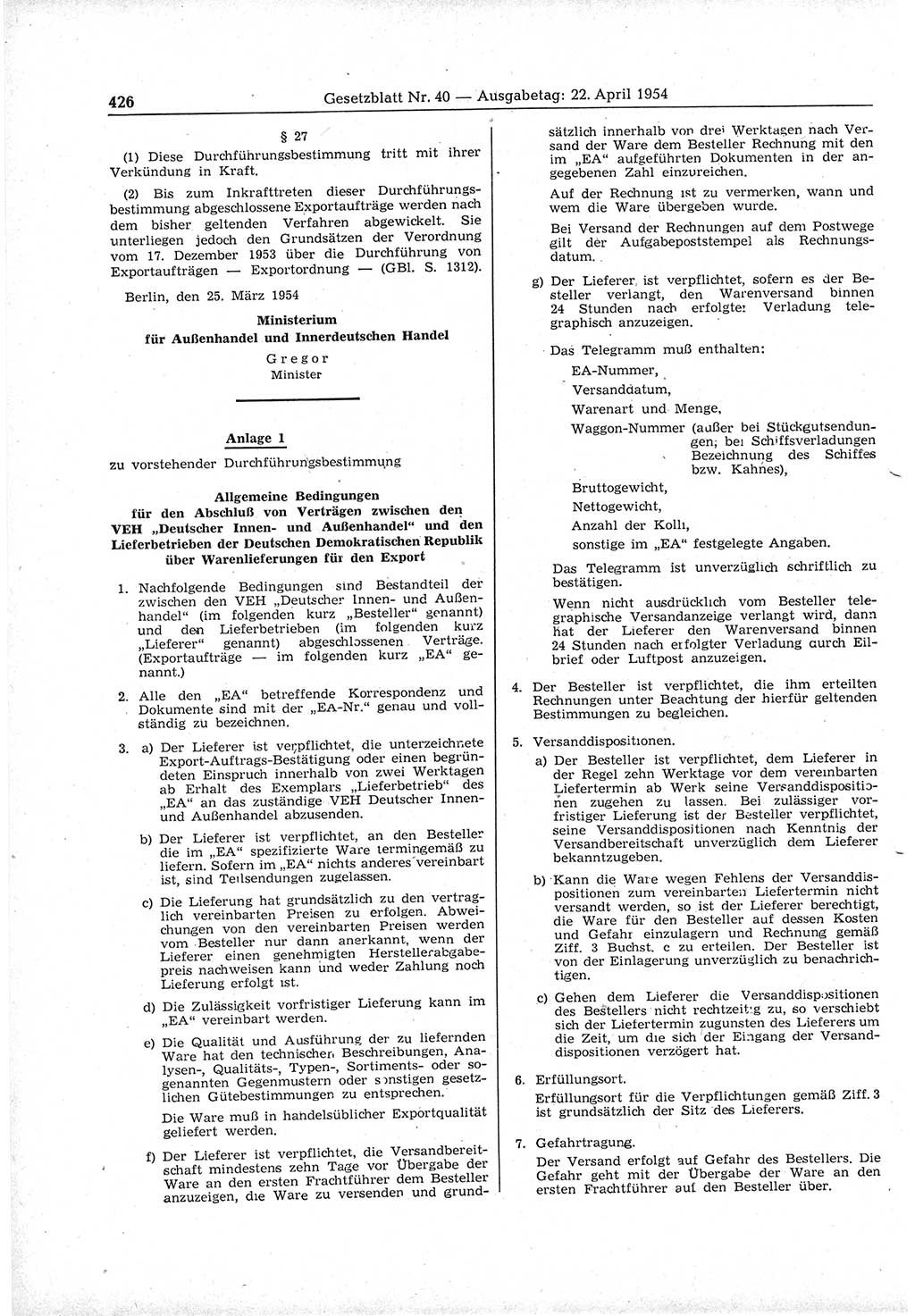 Gesetzblatt (GBl.) der Deutschen Demokratischen Republik (DDR) 1954, Seite 426 (GBl. DDR 1954, S. 426)