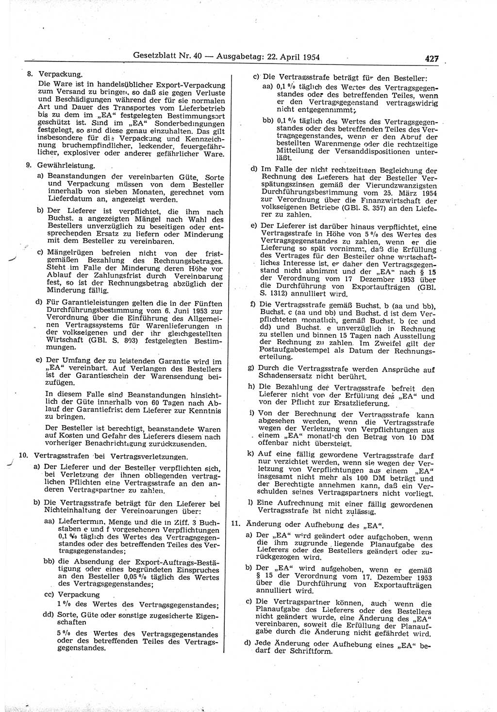 Gesetzblatt (GBl.) der Deutschen Demokratischen Republik (DDR) 1954, Seite 427 (GBl. DDR 1954, S. 427)