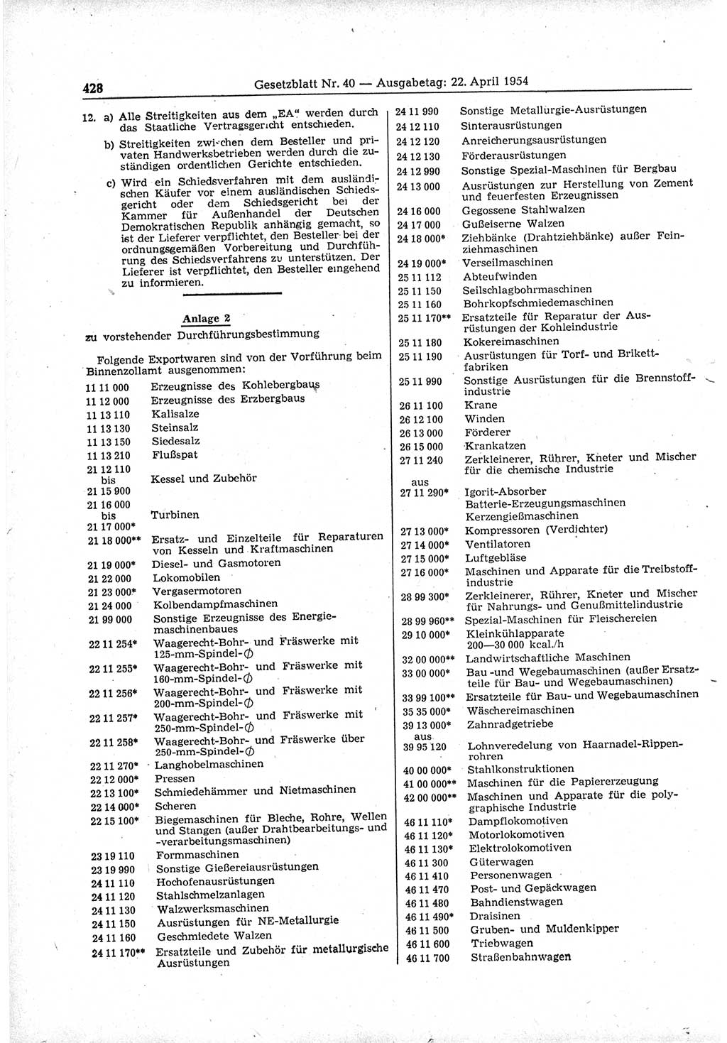Gesetzblatt (GBl.) der Deutschen Demokratischen Republik (DDR) 1954, Seite 428 (GBl. DDR 1954, S. 428)