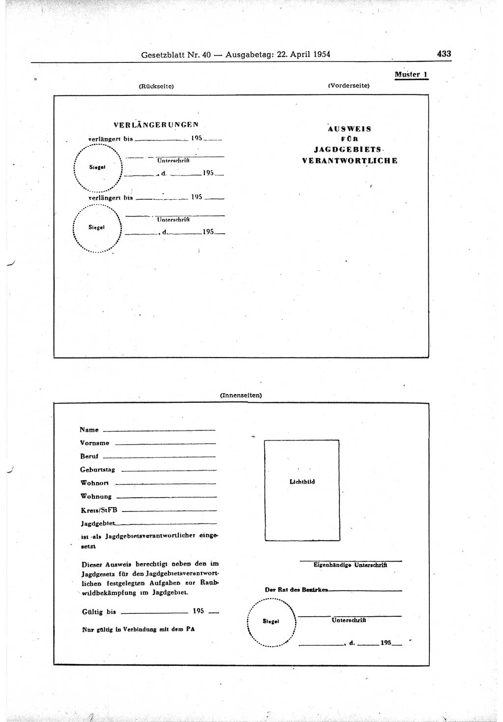 Gesetzblatt (GBl.) der Deutschen Demokratischen Republik (DDR) 1954, Seite 433 (GBl. DDR 1954, S. 433)
