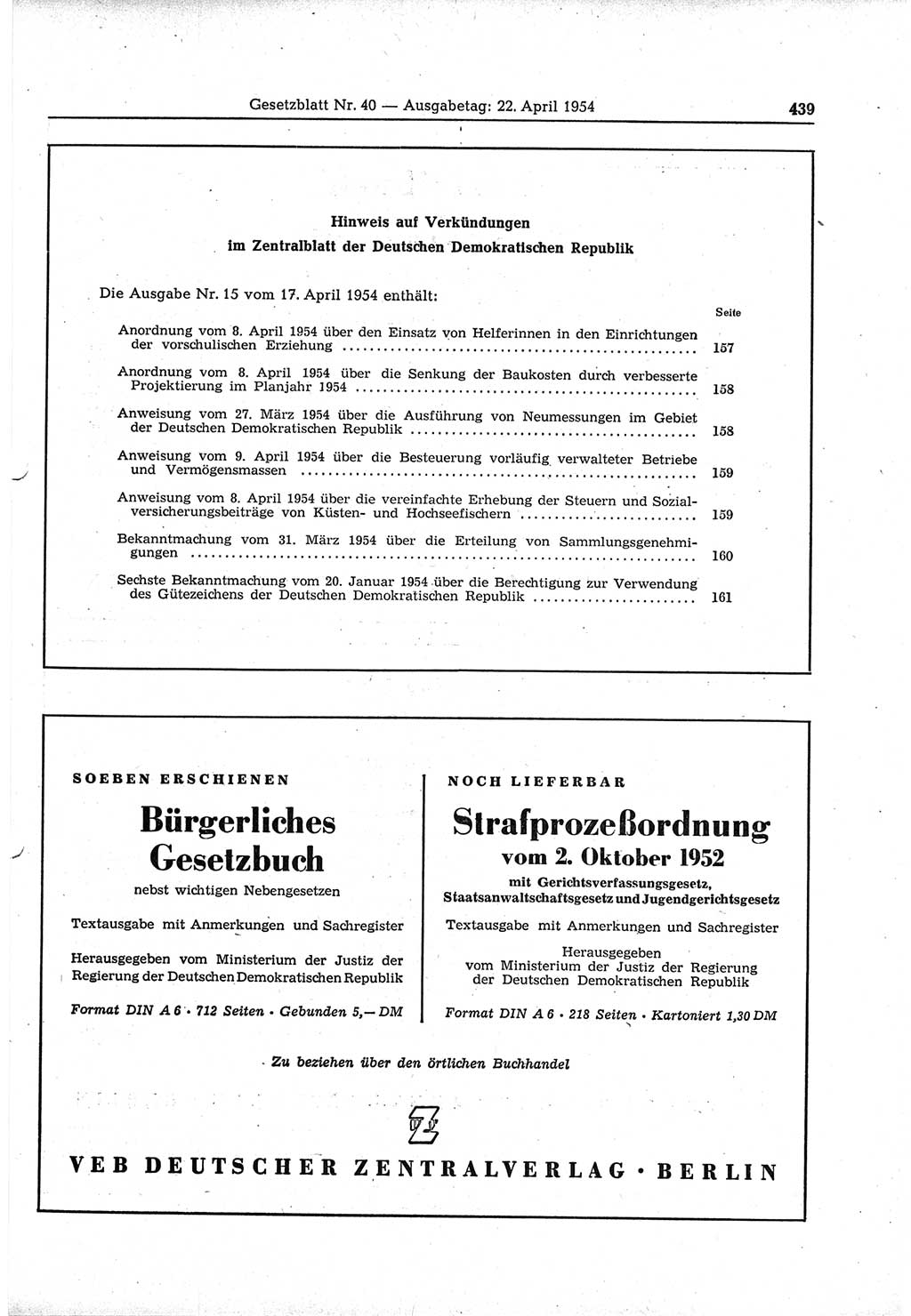 Gesetzblatt (GBl.) der Deutschen Demokratischen Republik (DDR) 1954, Seite 439 (GBl. DDR 1954, S. 439)