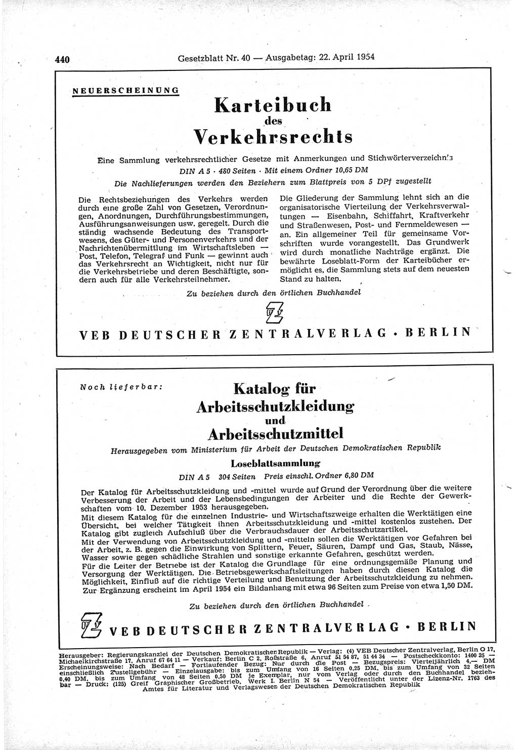 Gesetzblatt (GBl.) der Deutschen Demokratischen Republik (DDR) 1954, Seite 440 (GBl. DDR 1954, S. 440)